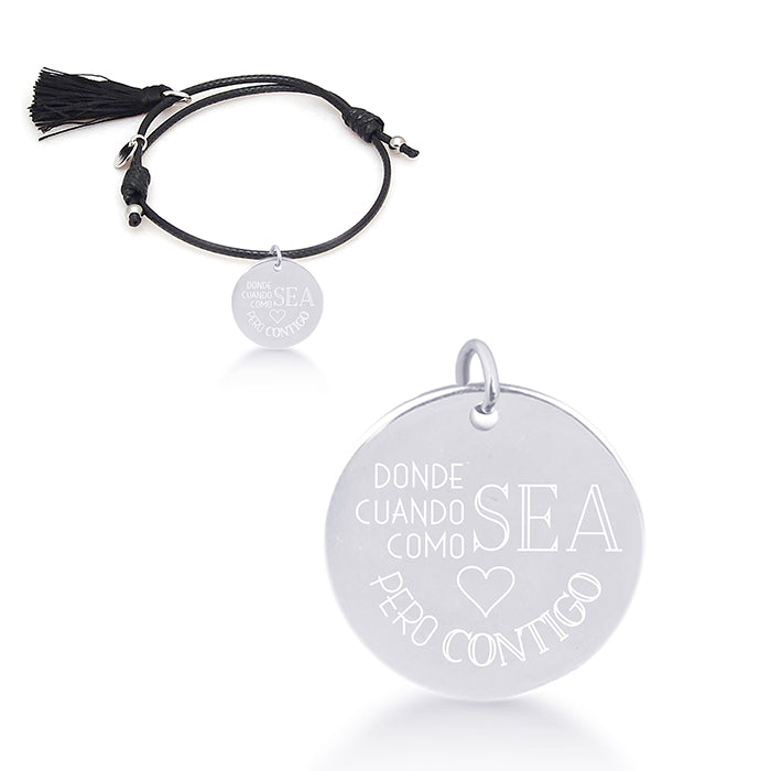 925 Sterling Silver Bracelet with Black Cotton, Rhodium Finish - My Sun