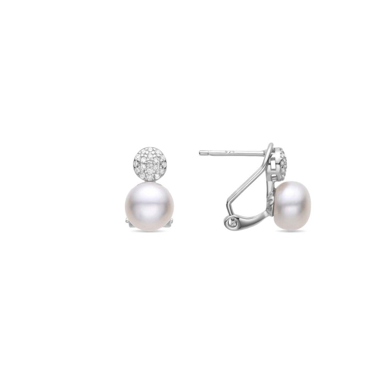 925 Sterling Silver Earrings with White Pearl, Rhodium Finish - Naral