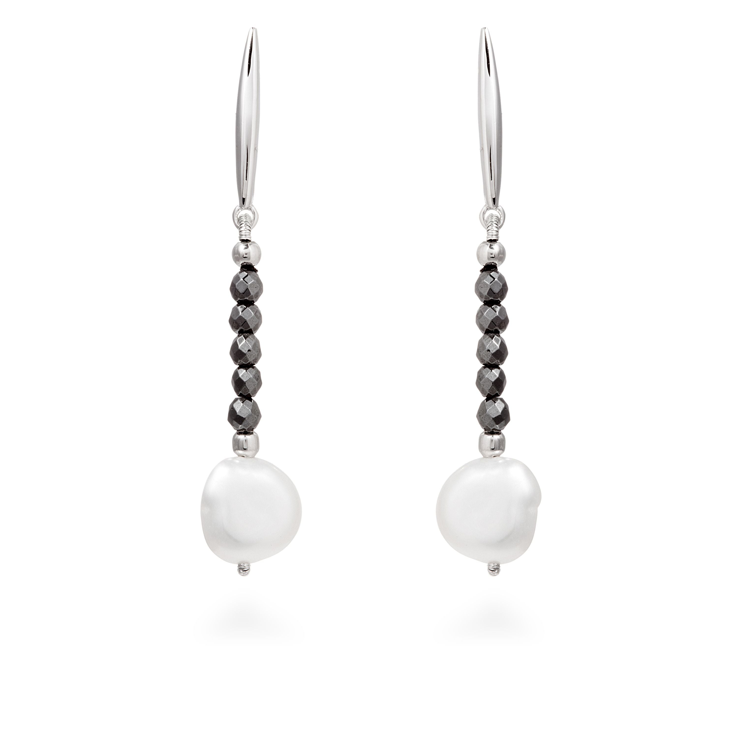 925 Sterling Silver Earrings with White Pearl, Rhodium Finish - Yulem