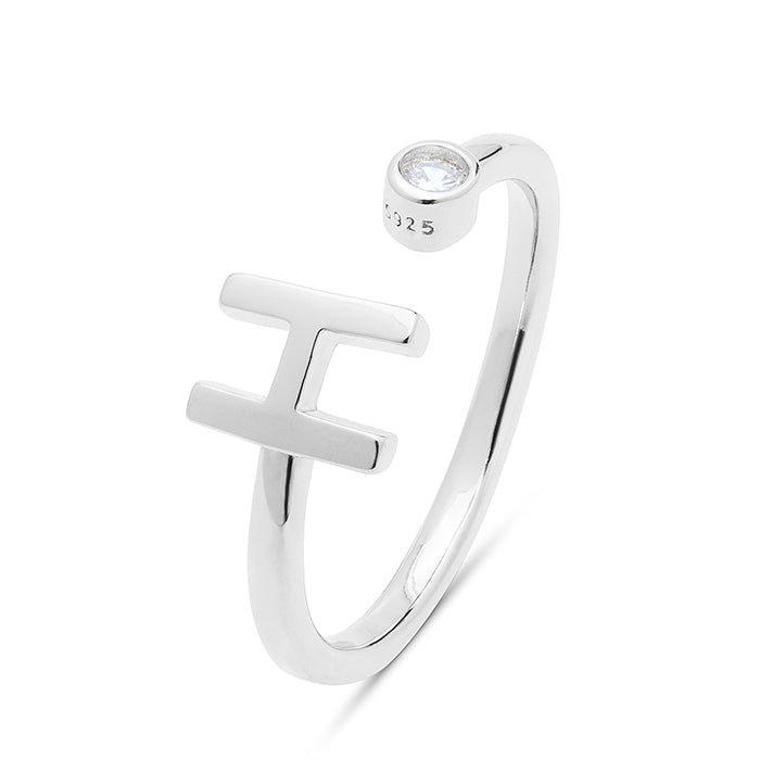 925 Sterling Silver Ring with Rhodium-Finished Brilliant Zirconia - Alphabet