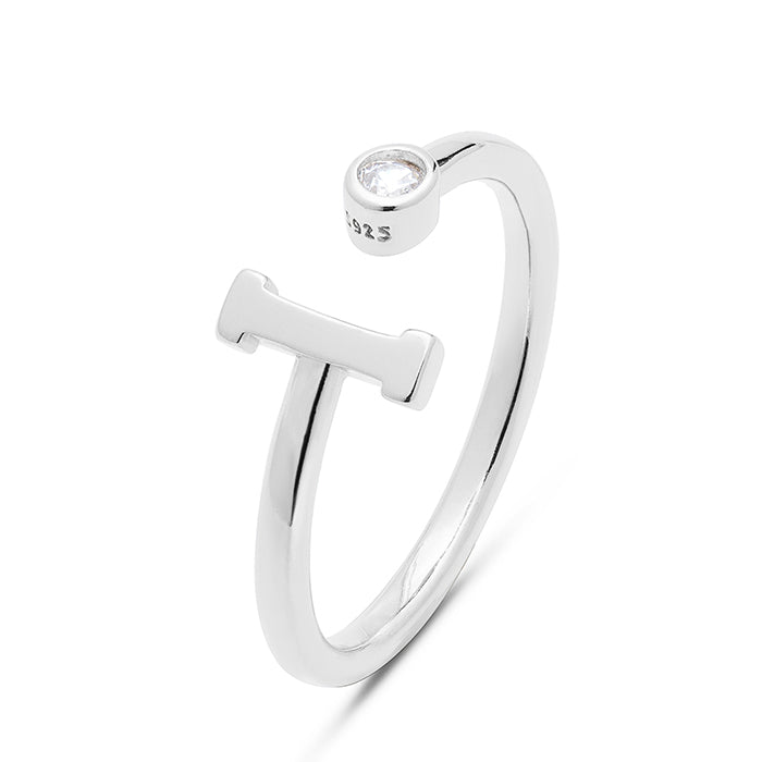 925 Sterling Silver Ring with Rhodium-Finished Brilliant Zirconia - Alphabet