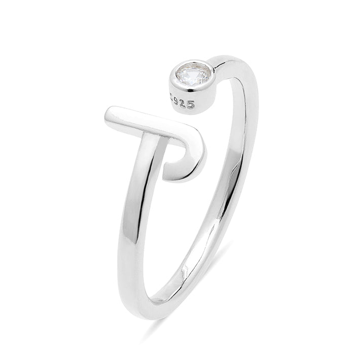 925 Sterling Silver Ring with Rhodium-Finished Brilliant Zirconia - Alphabet