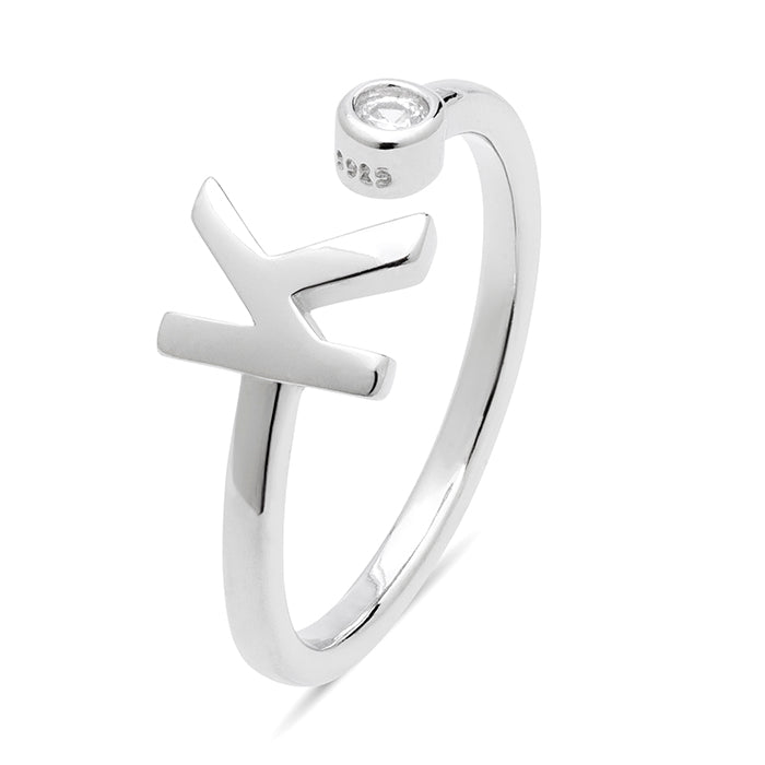 925 Sterling Silver Ring with Rhodium-Finished Brilliant Zirconia - Alphabet