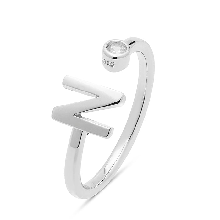 925 Sterling Silver Ring with Rhodium-Finished Brilliant Zirconia - Alphabet