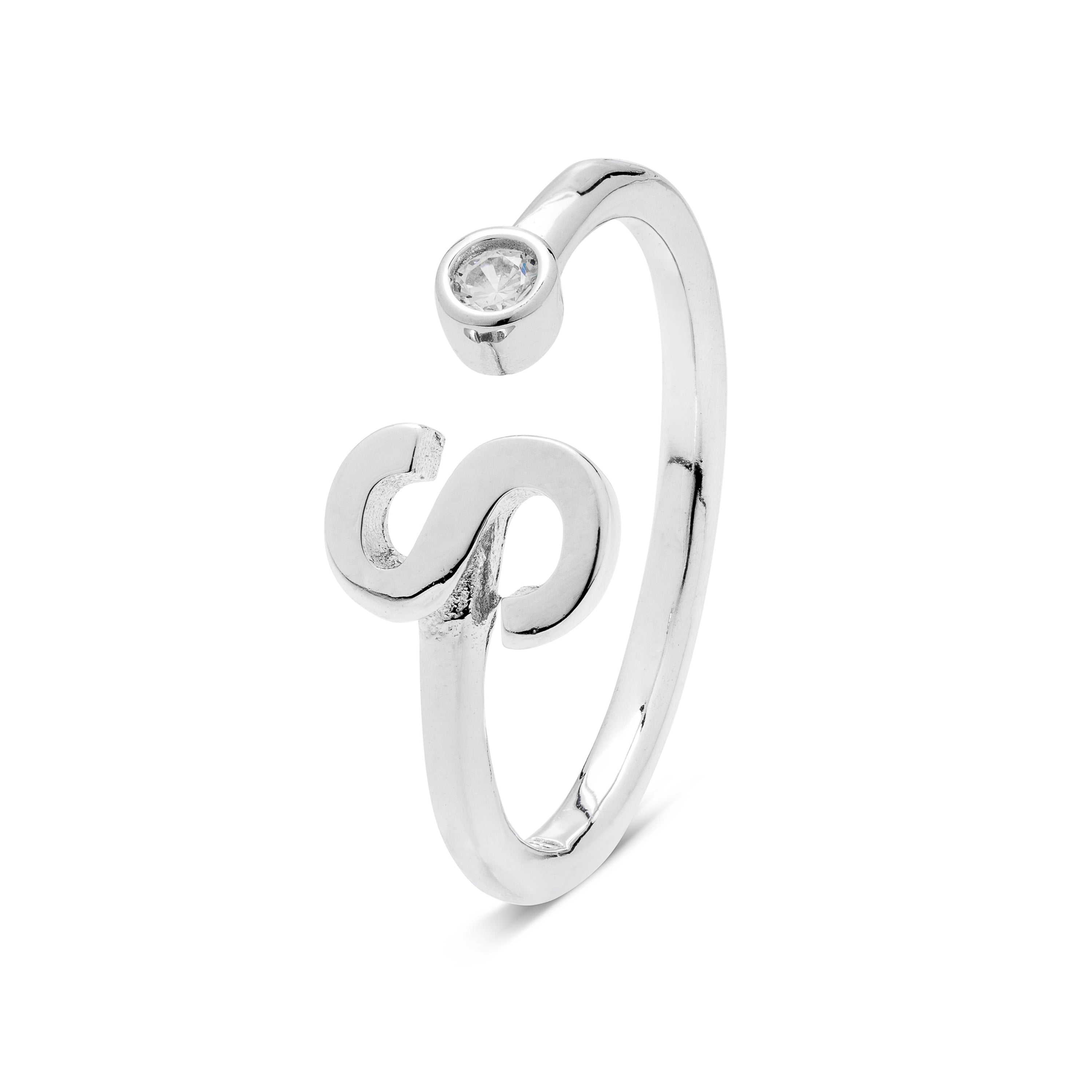 925 Sterling Silver Ring with Rhodium-Finished Brilliant Zirconia - Alphabet
