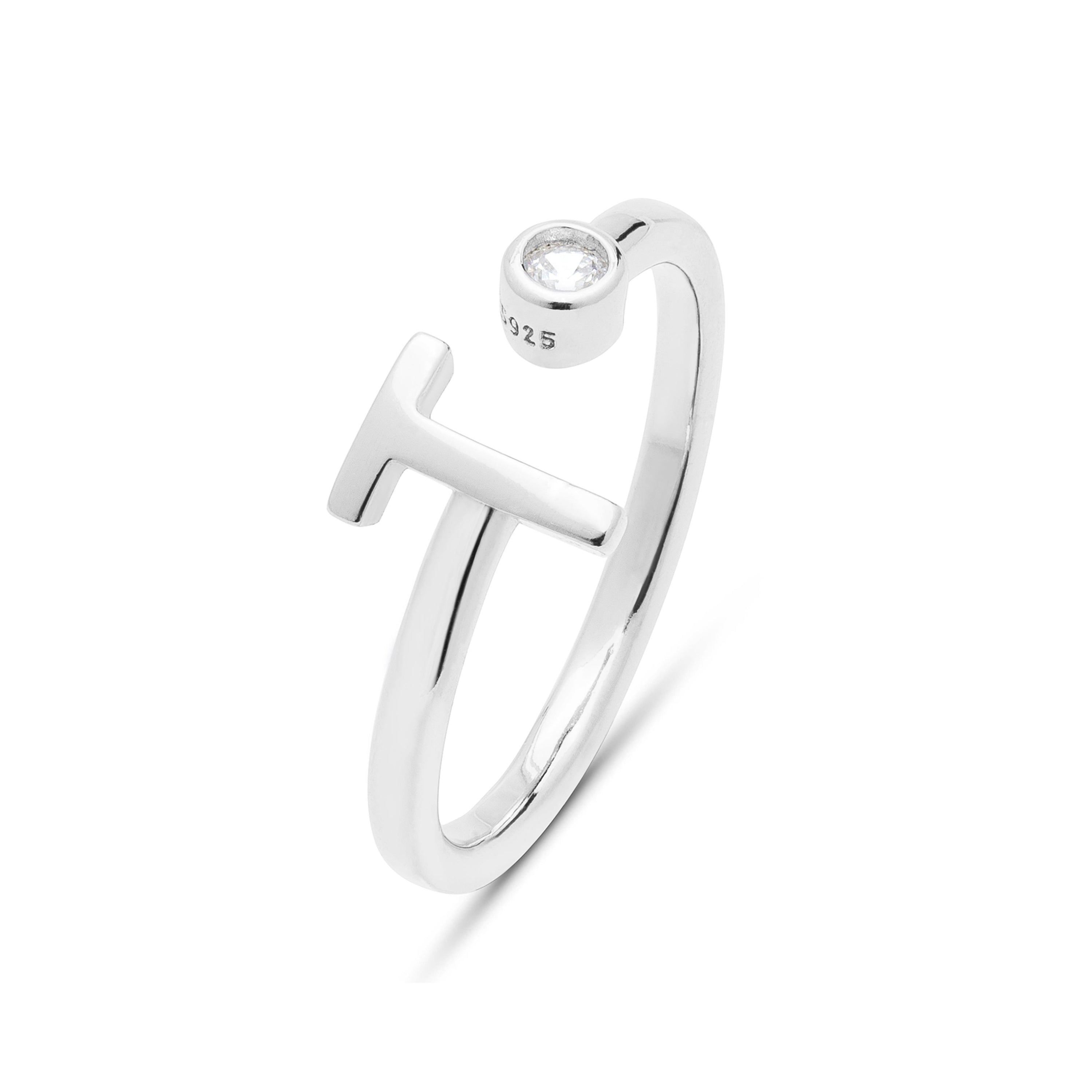 925 Sterling Silver Ring with Rhodium-Finished Brilliant Zirconia - Alphabet