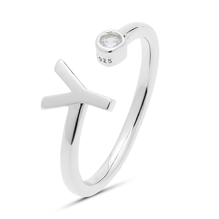 925 Sterling Silver Ring with Rhodium-Finished Brilliant Zirconia - Alphabet