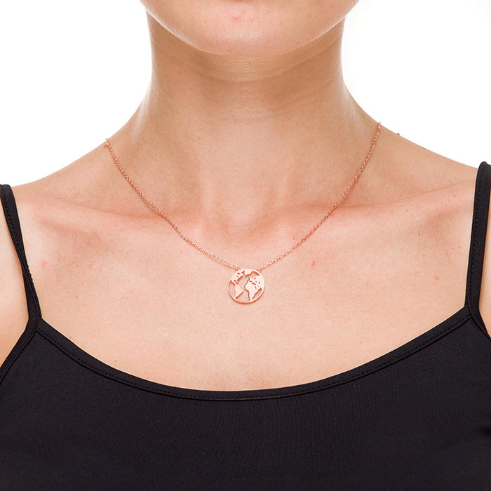 925 Sterling Silver Necklace with 18K Rose Gold Finish - World