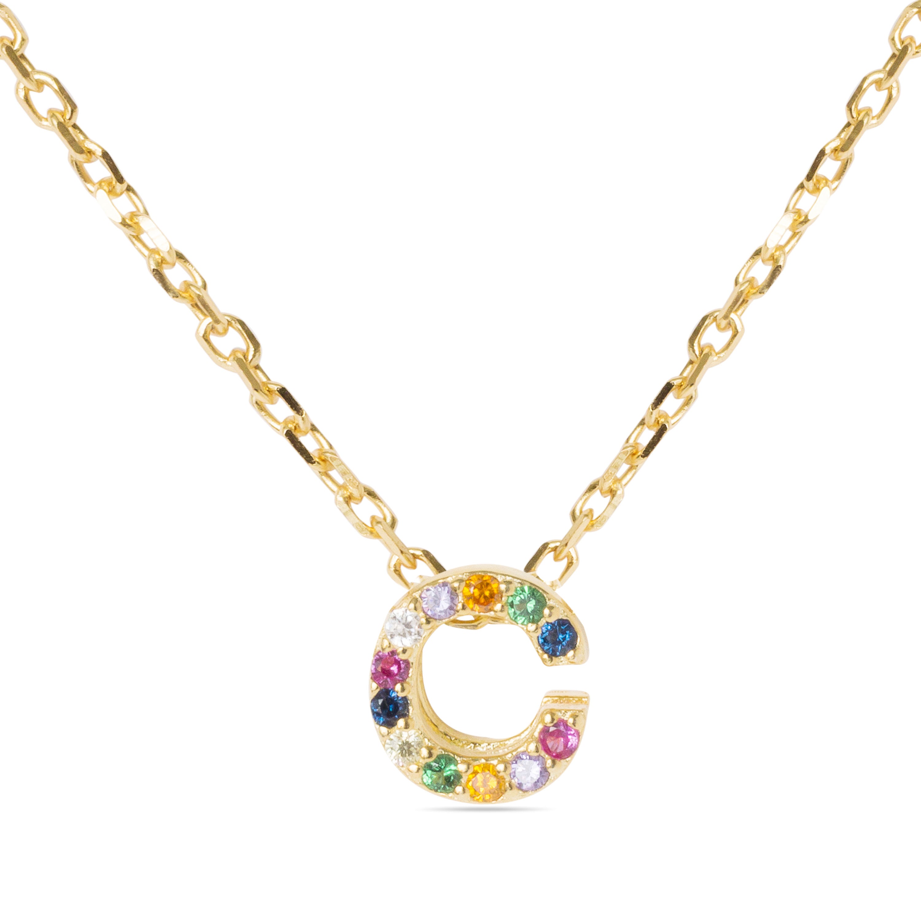 925 Sterling Silver Necklace with Multicolor Zirconia finished in 18K Yellow Gold - Alphabet