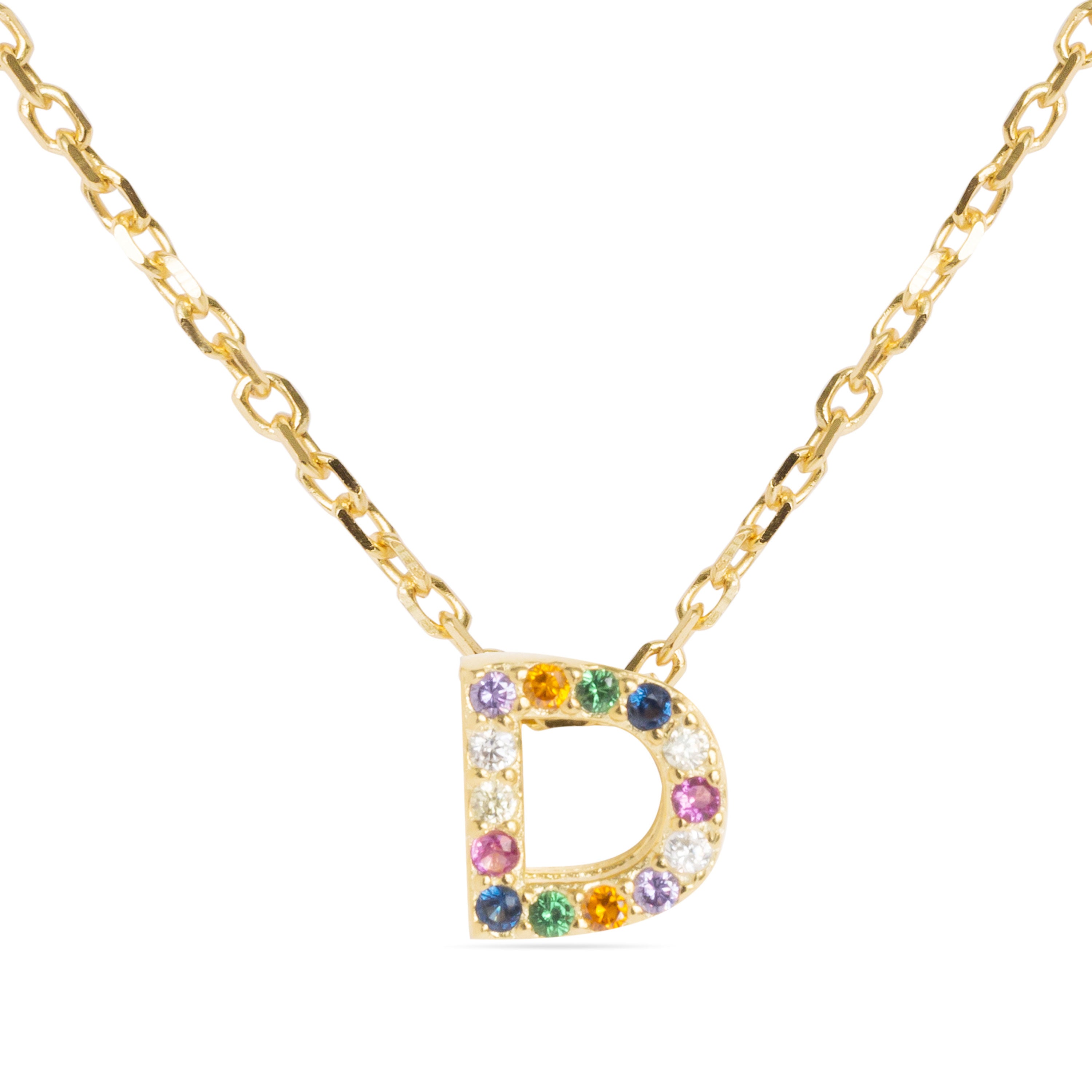 925 Sterling Silver Necklace with Multicolor Zirconia finished in 18K Yellow Gold - Alphabet