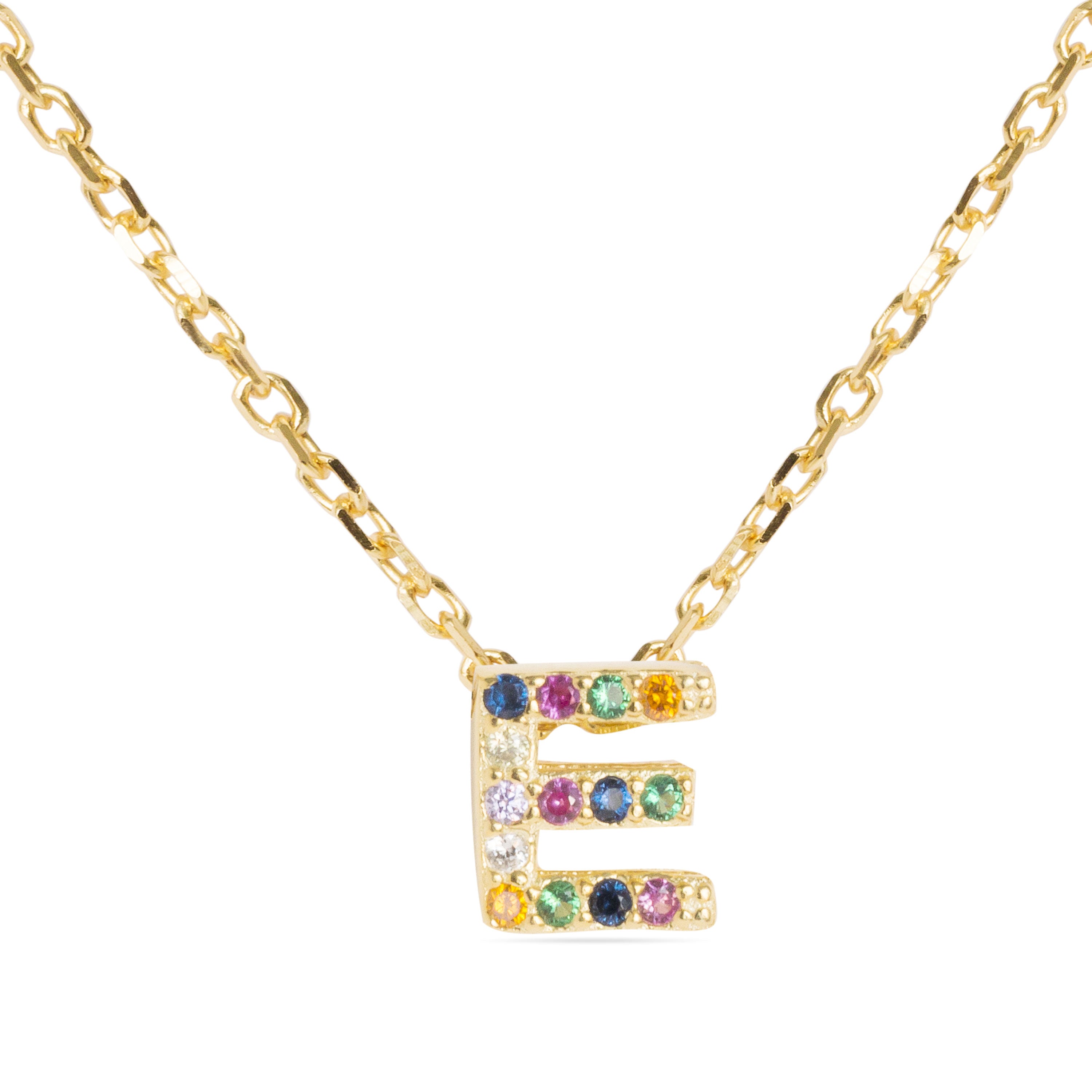 925 Sterling Silver Necklace with Multicolor Zirconia finished in 18K Yellow Gold - Alphabet