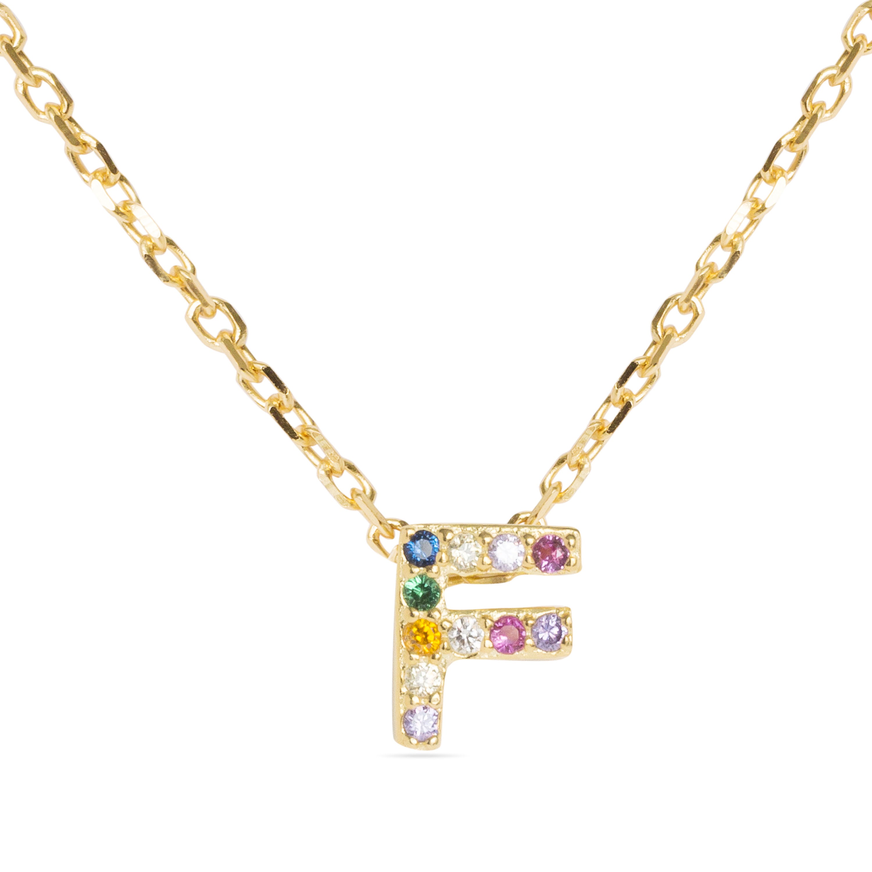 925 Sterling Silver Necklace with Multicolor Zirconia finished in 18K Yellow Gold - Alphabet