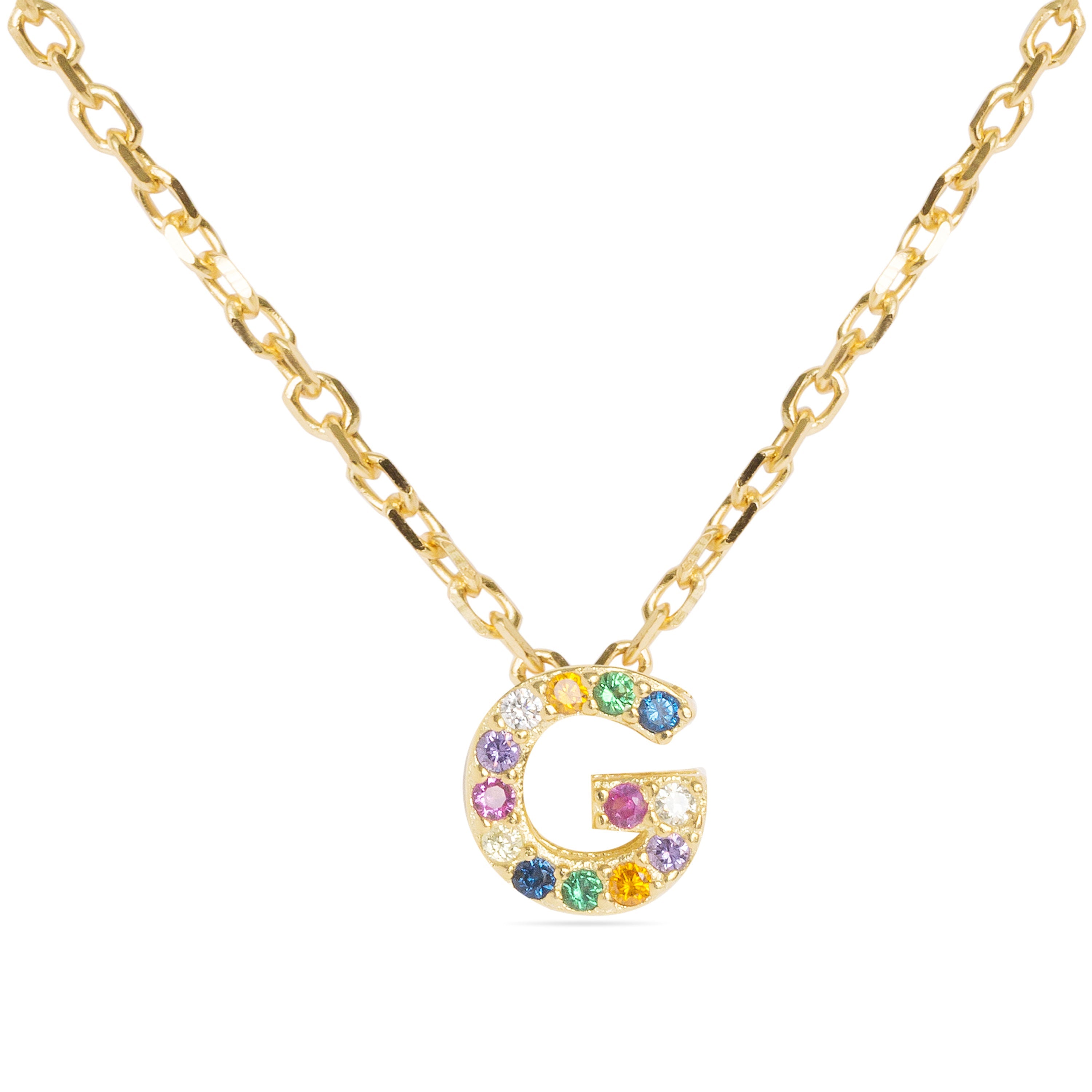 925 Sterling Silver Necklace with Multicolor Zirconia finished in 18K Yellow Gold - Alphabet