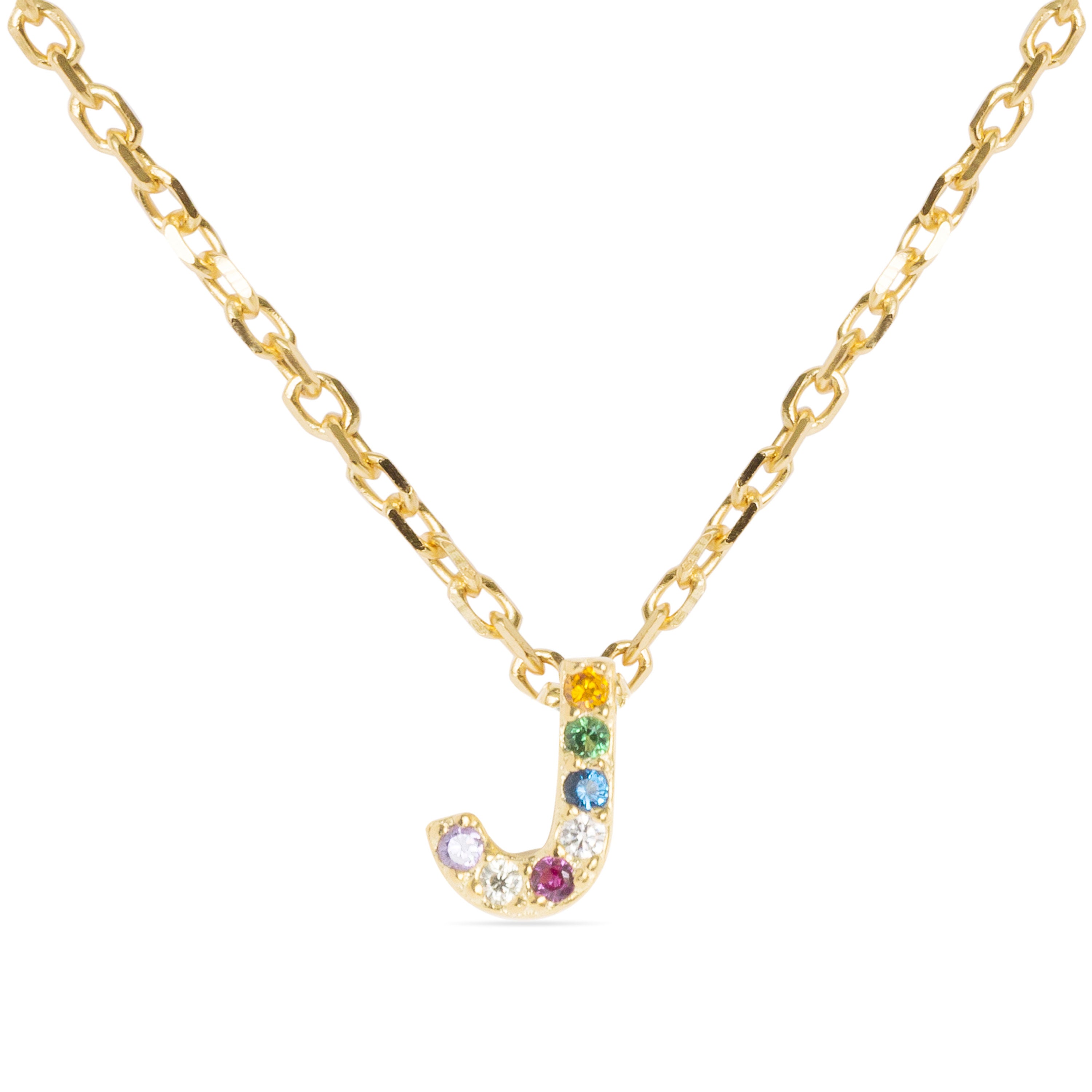 925 Sterling Silver Necklace with Multicolor Zirconia finished in 18K Yellow Gold - Alphabet