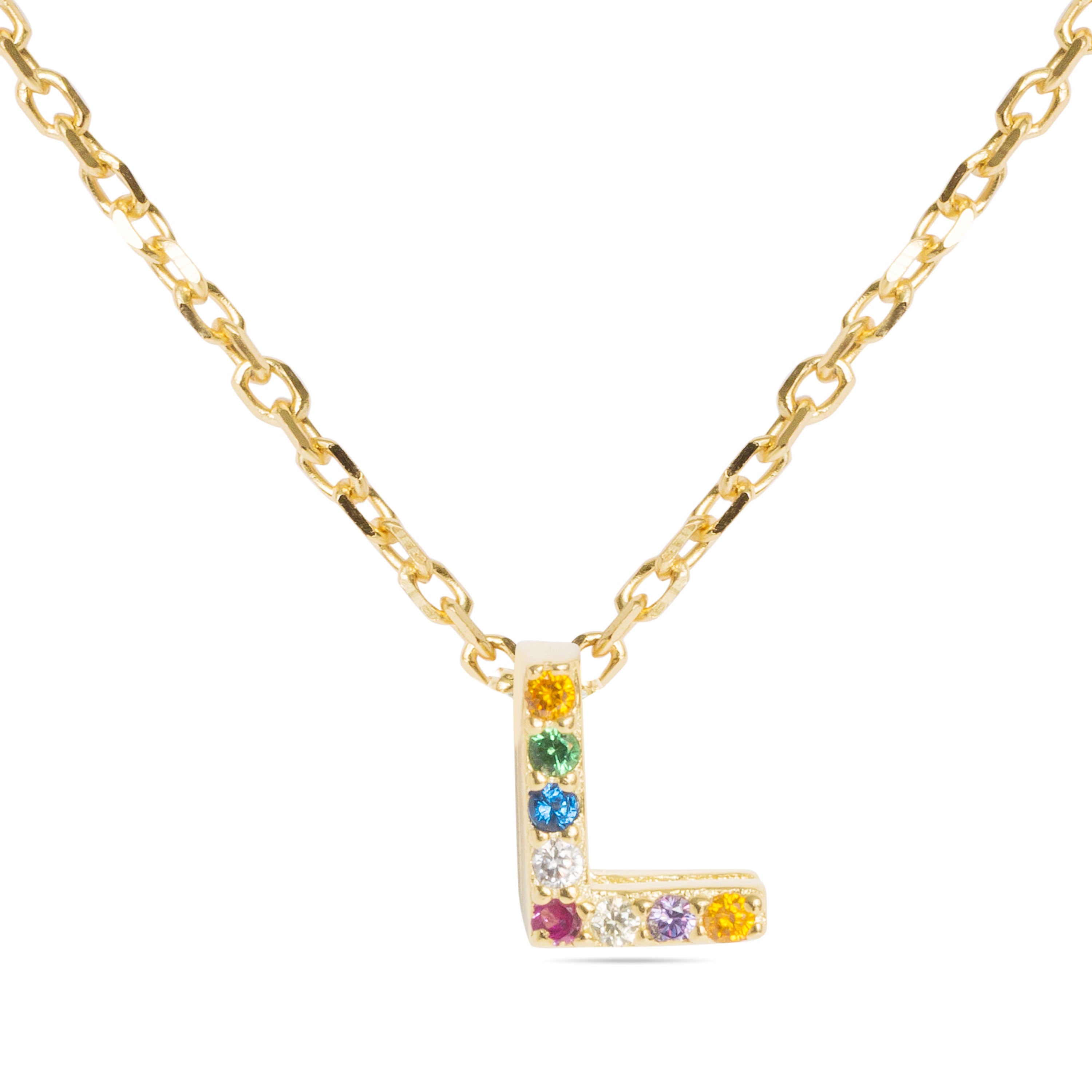 925 Sterling Silver Necklace with Multicolor Zirconia finished in 18K Yellow Gold - Alphabet