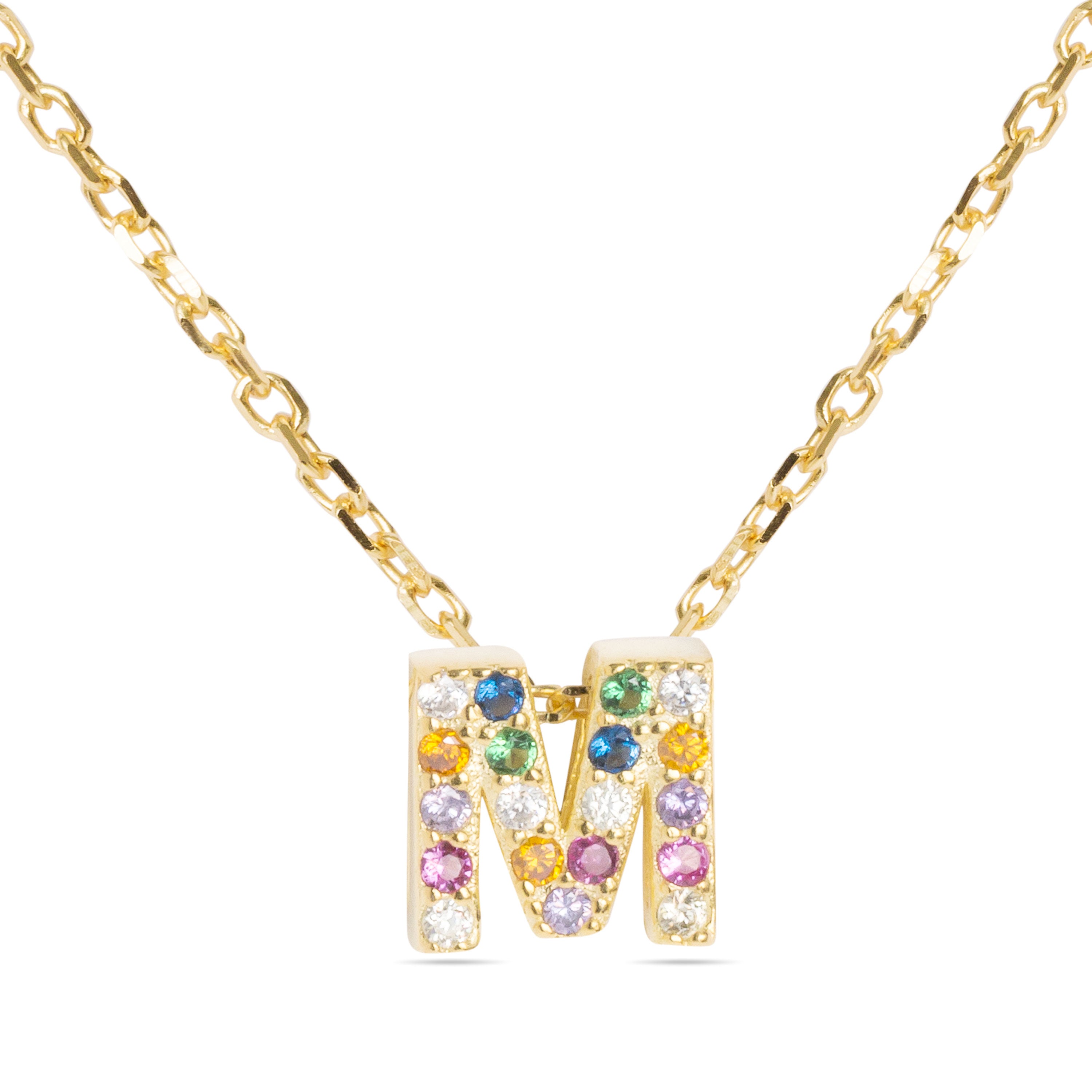 925 Sterling Silver Necklace with Multicolor Zirconia finished in 18K Yellow Gold - Alphabet