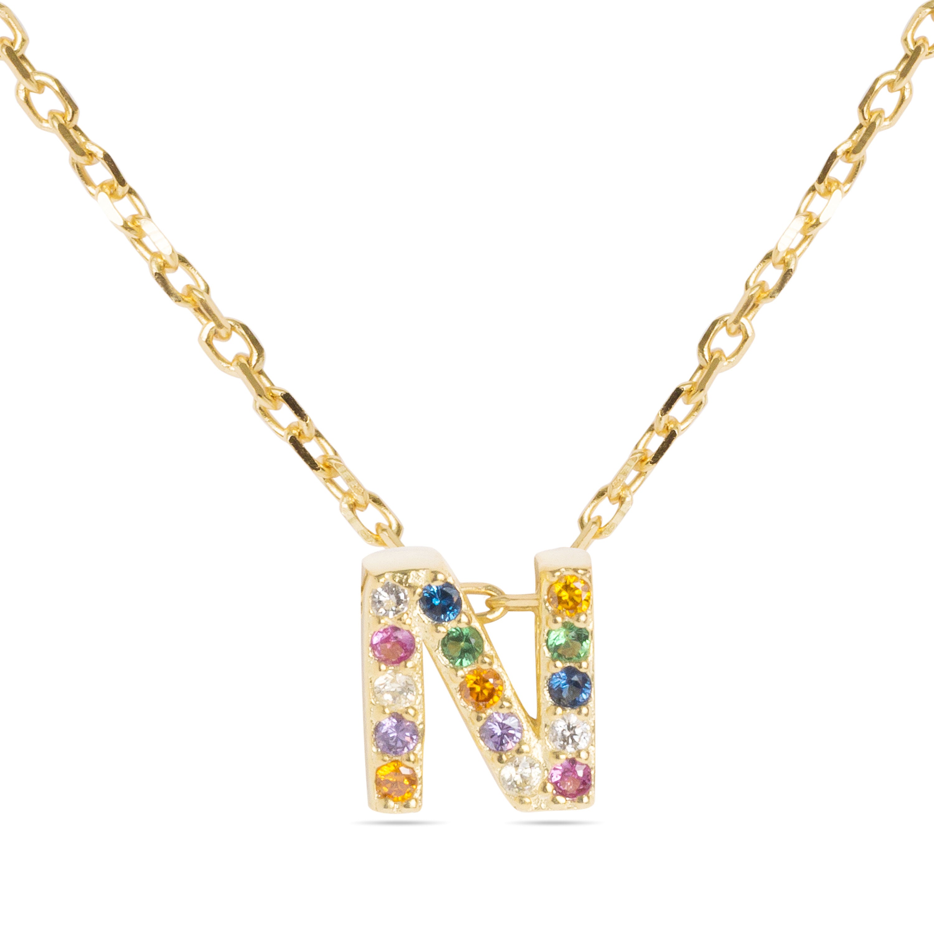 925 Sterling Silver Necklace with Multicolor Zirconia finished in 18K Yellow Gold - Alphabet