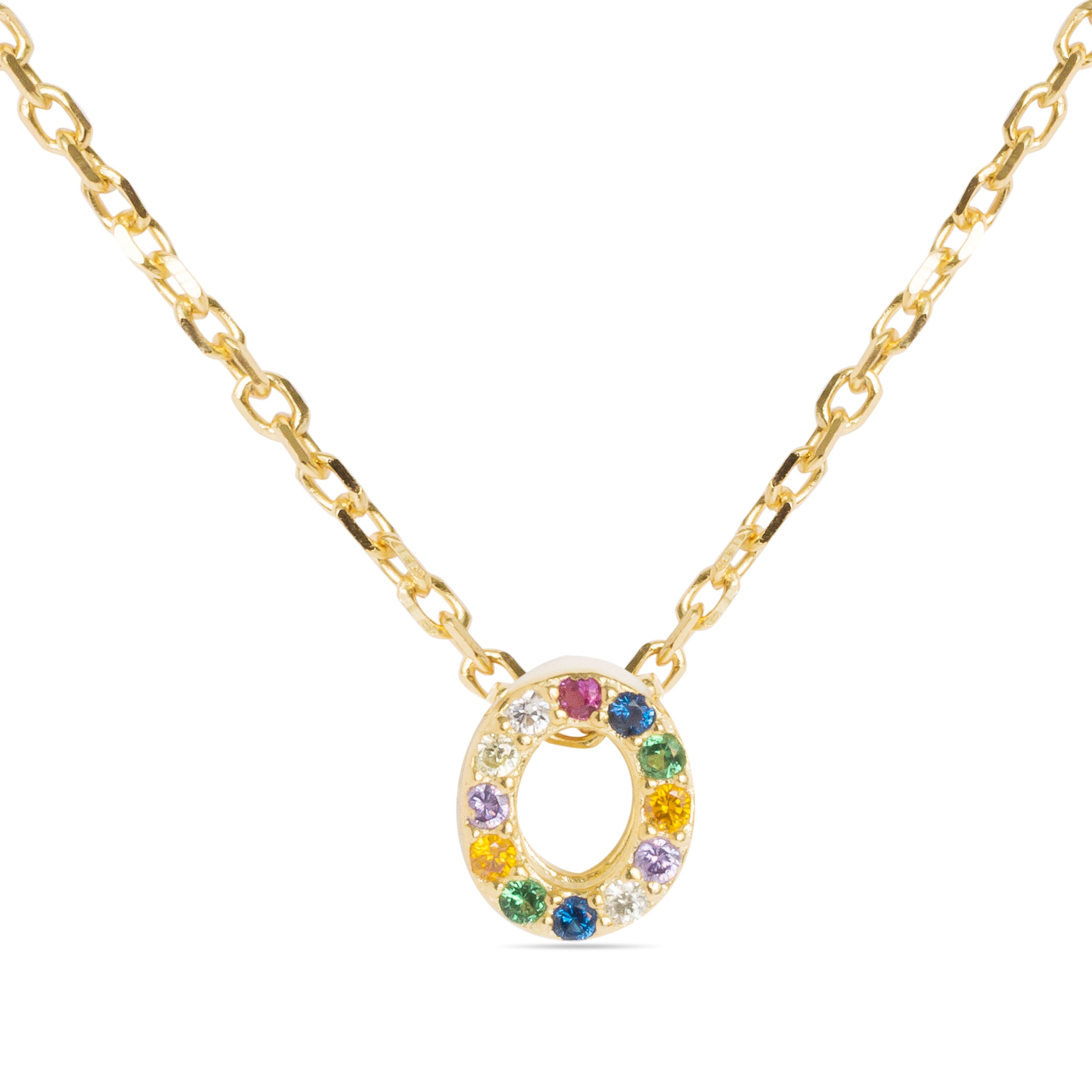 925 Sterling Silver Necklace with Multicolor Zirconia finished in 18K Yellow Gold - Alphabet