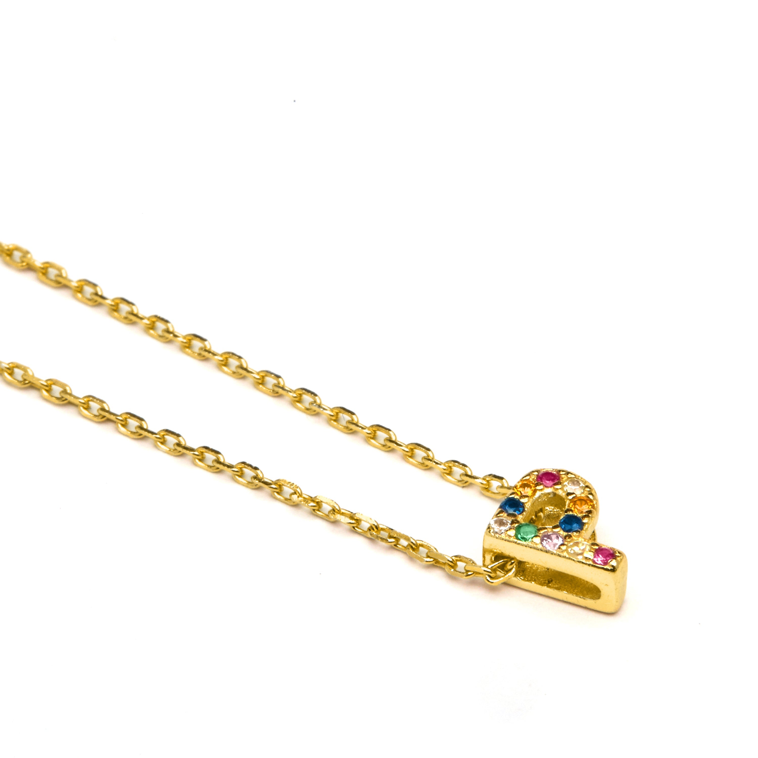 925 Sterling Silver Necklace with Multicolor Zirconia finished in 18K Yellow Gold - Alphabet