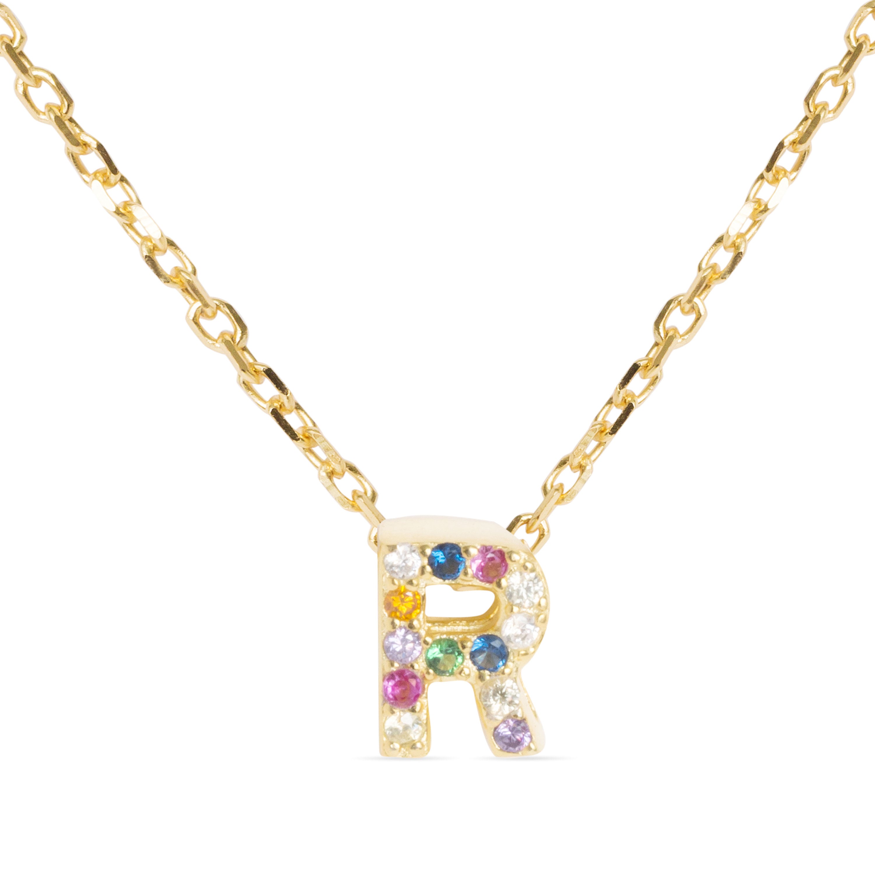 925 Sterling Silver Necklace with Multicolor Zirconia finished in 18K Yellow Gold - Alphabet
