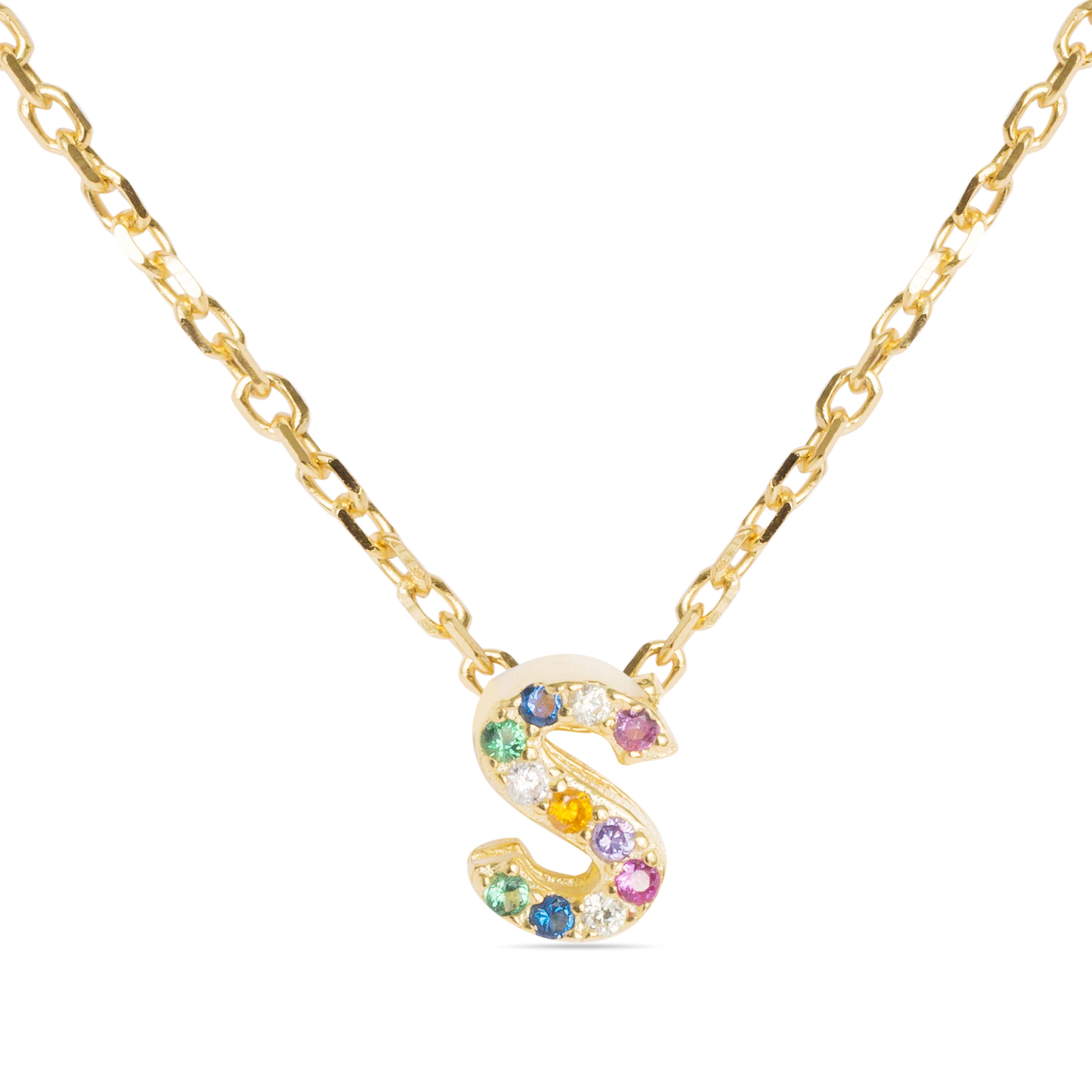 925 Sterling Silver Necklace with Multicolor Zirconia finished in 18K Yellow Gold - Alphabet