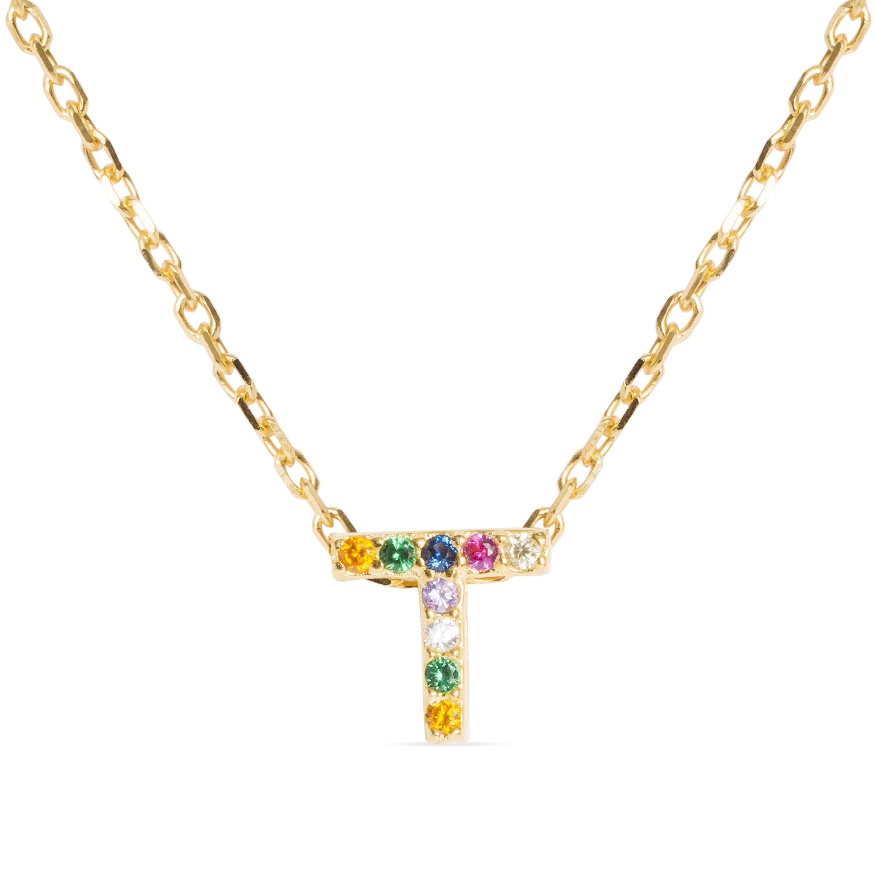 925 Sterling Silver Necklace with Multicolor Zirconia finished in 18K Yellow Gold - Alphabet