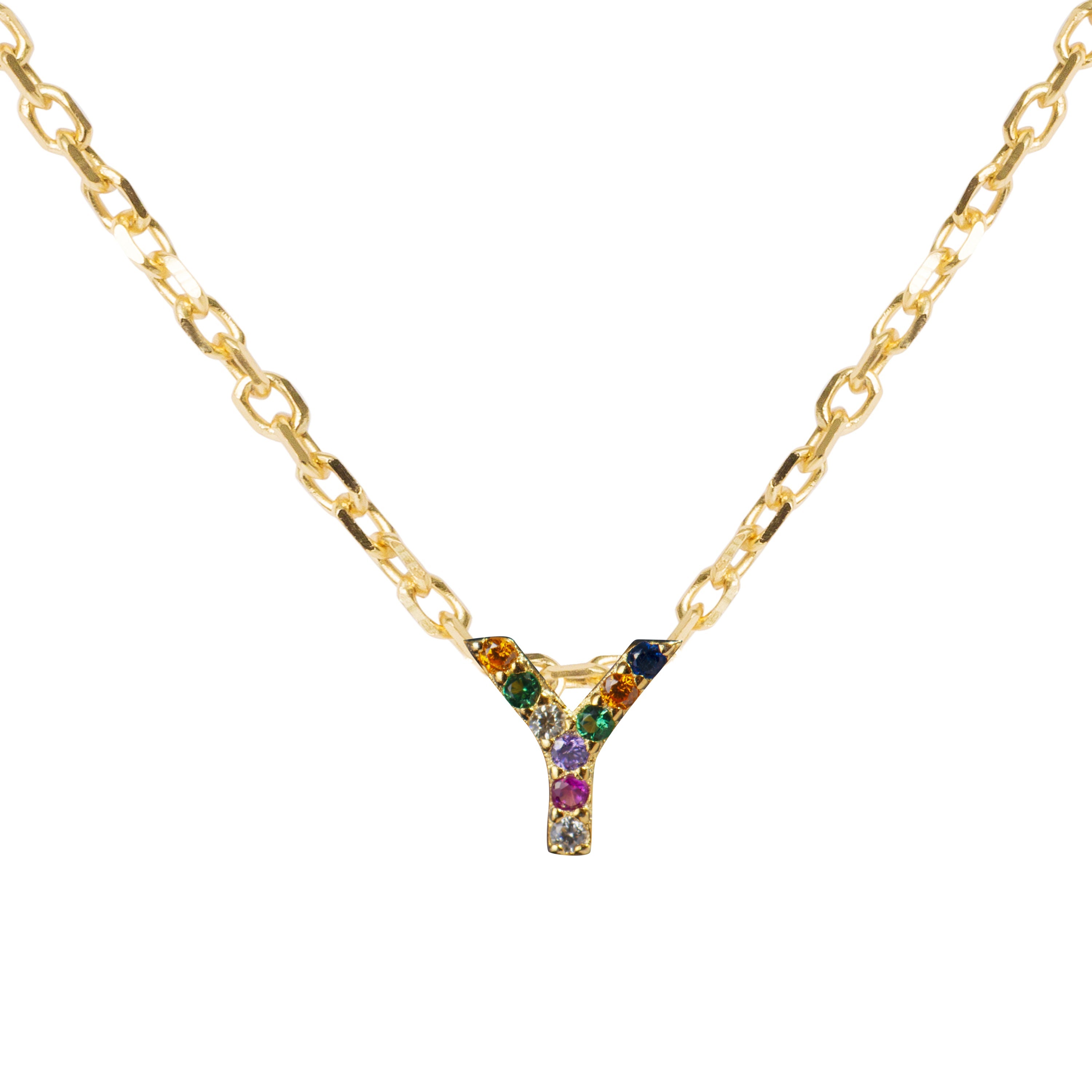 925 Sterling Silver Necklace with Multicolor Zirconia finished in 18K Yellow Gold - Alphabet