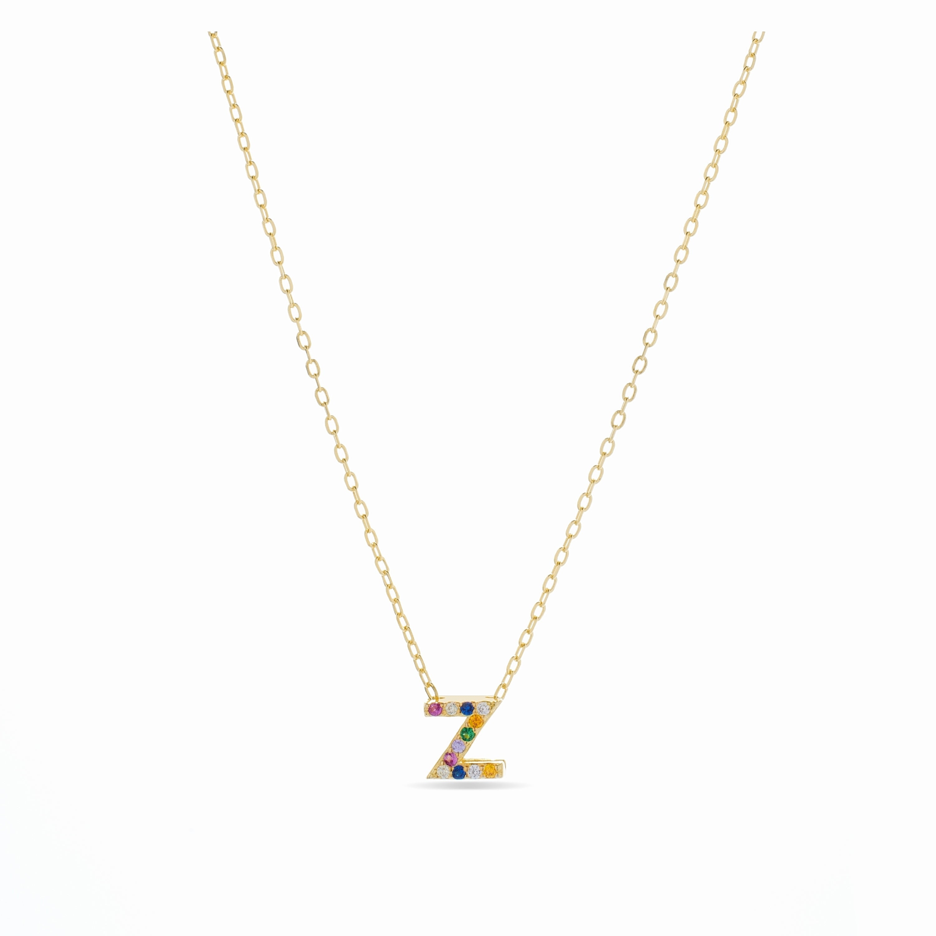 925 Sterling Silver Necklace with Multicolor Zirconia finished in 18K Yellow Gold - Alphabet