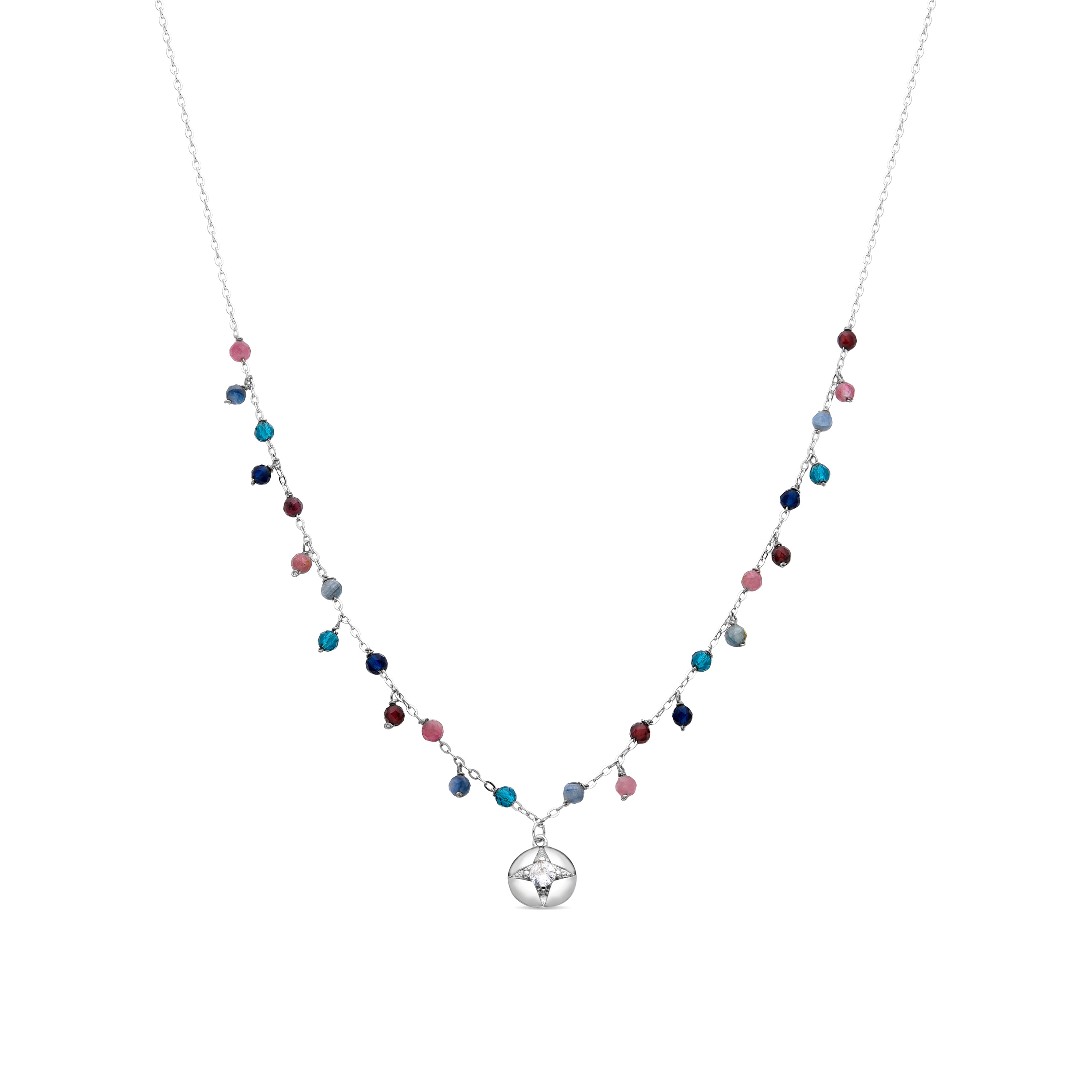 925 Sterling Silver Necklace with Dark Blue Crystal in Rhodium Finish - Kabe