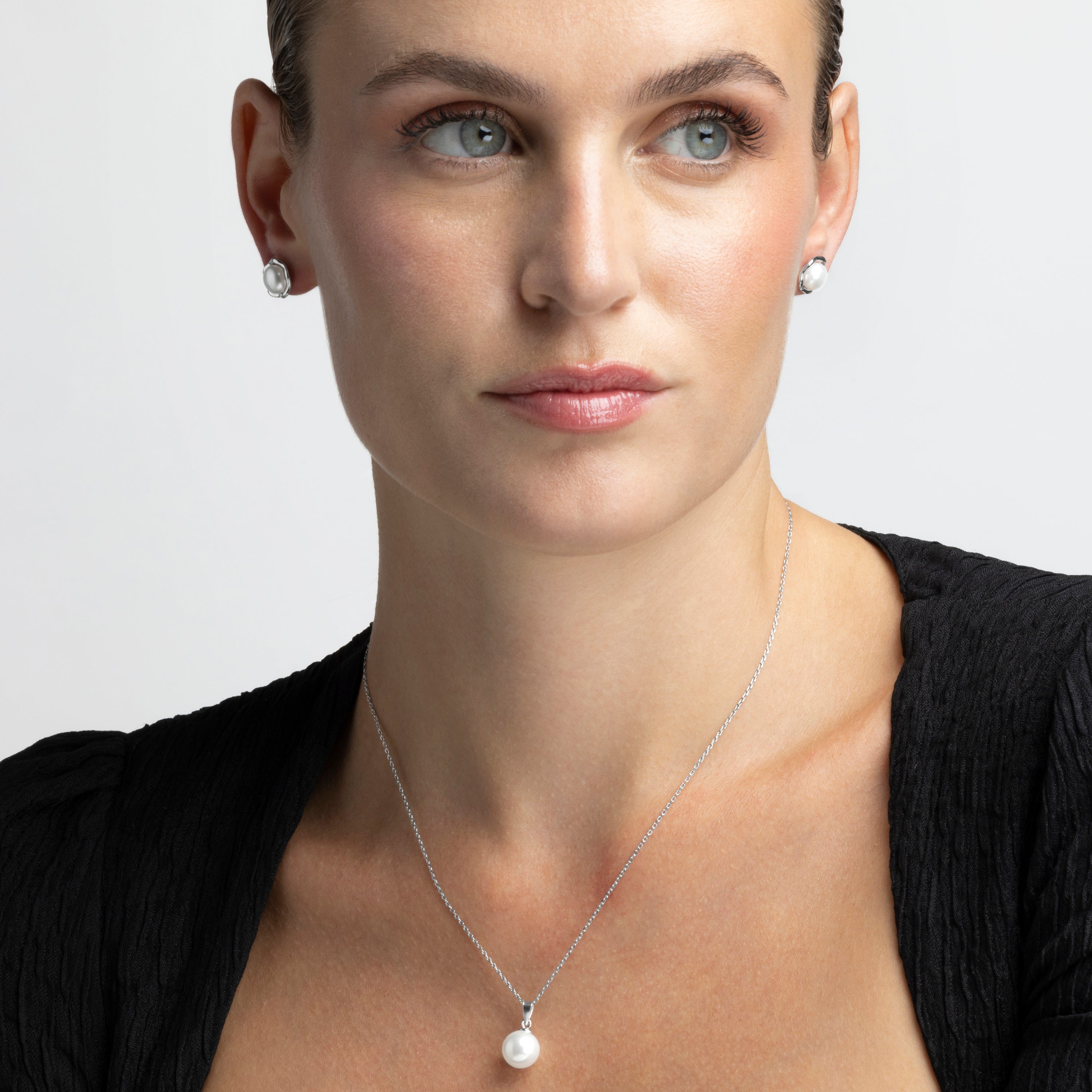 925 Sterling Silver Necklace with White Pearl, Rhodium Finish - Ball