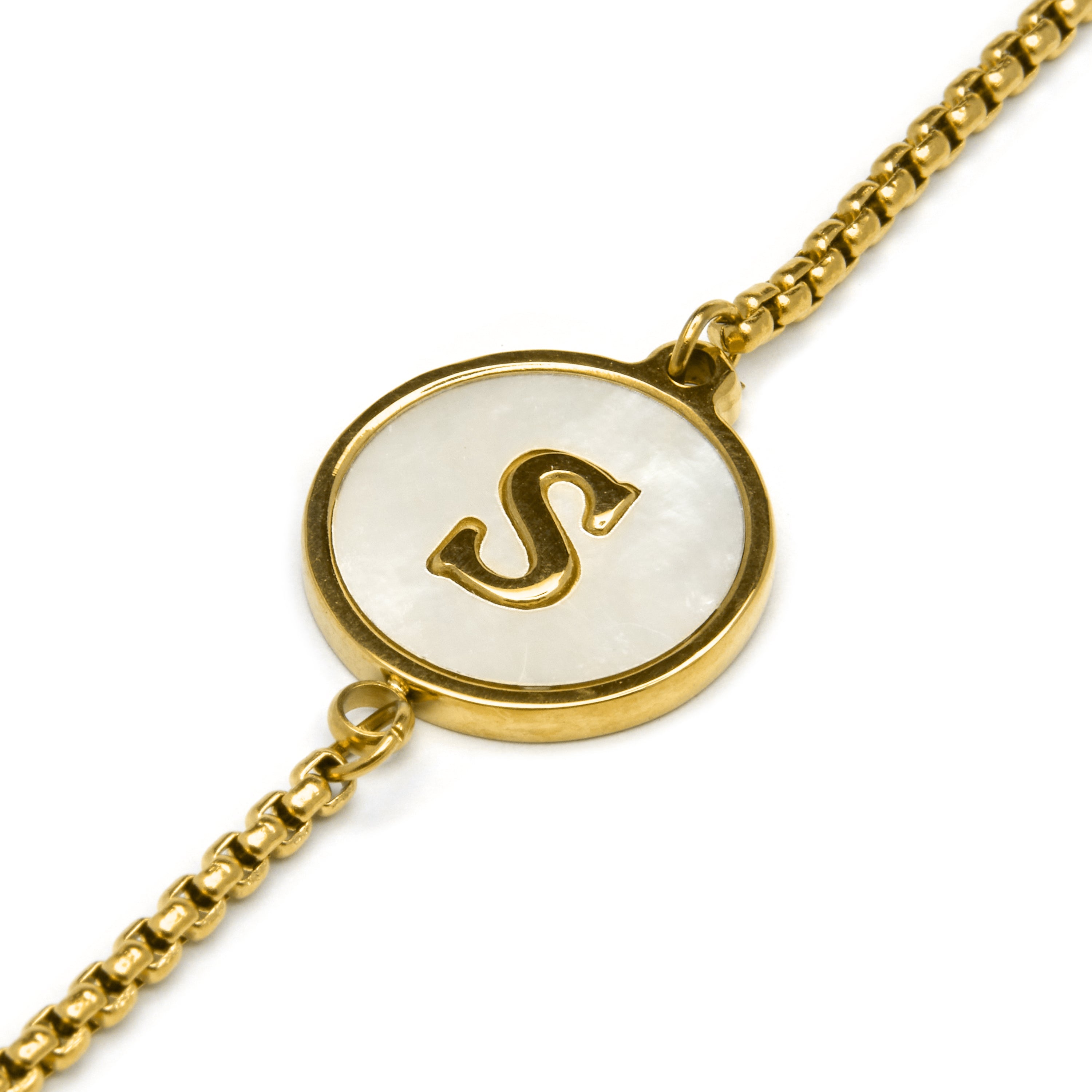 White Mother-of-Pearl Bracelet Finished in 18K Yellow Gold - Alphabet