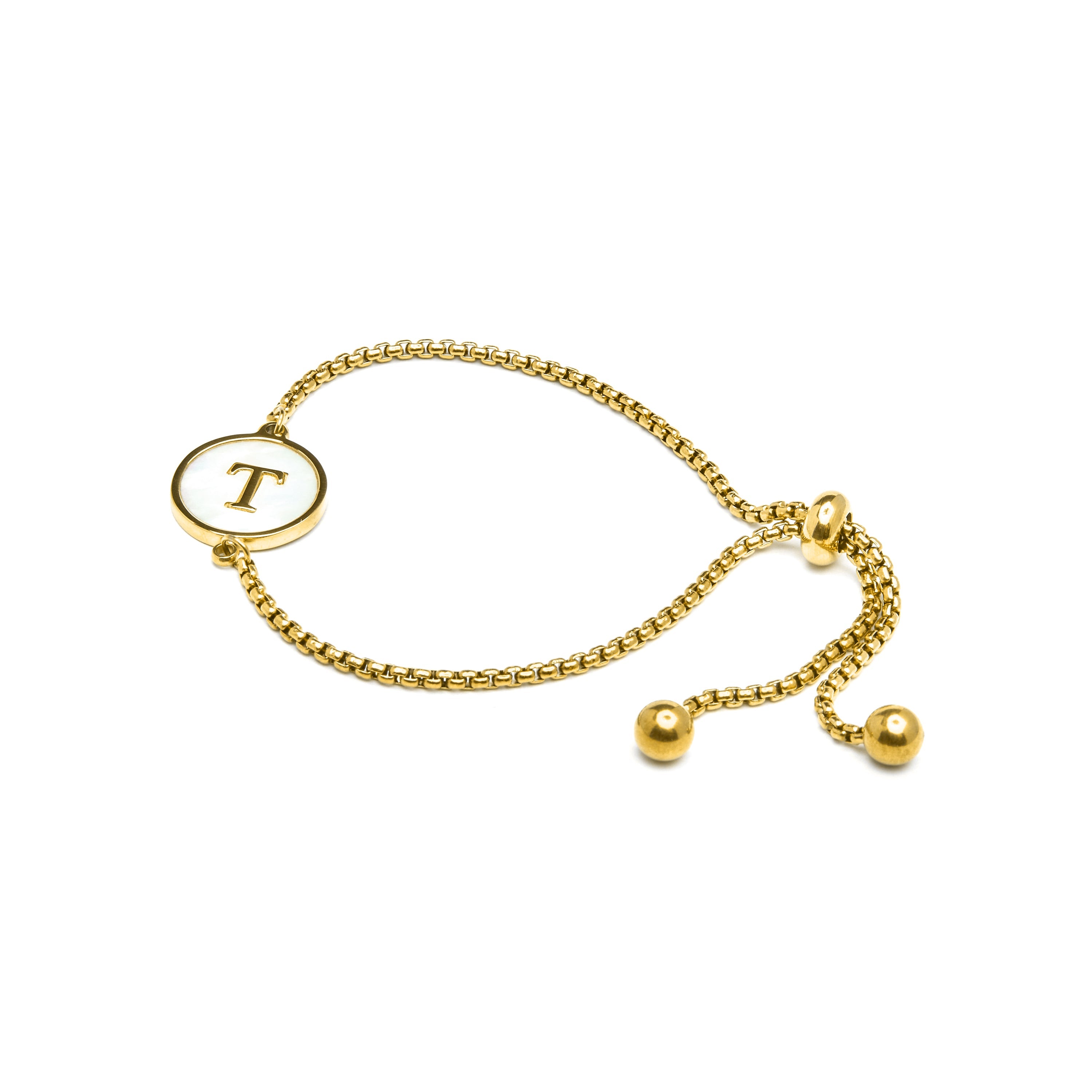White Mother-of-Pearl Bracelet Finished in 18K Yellow Gold - Alphabet
