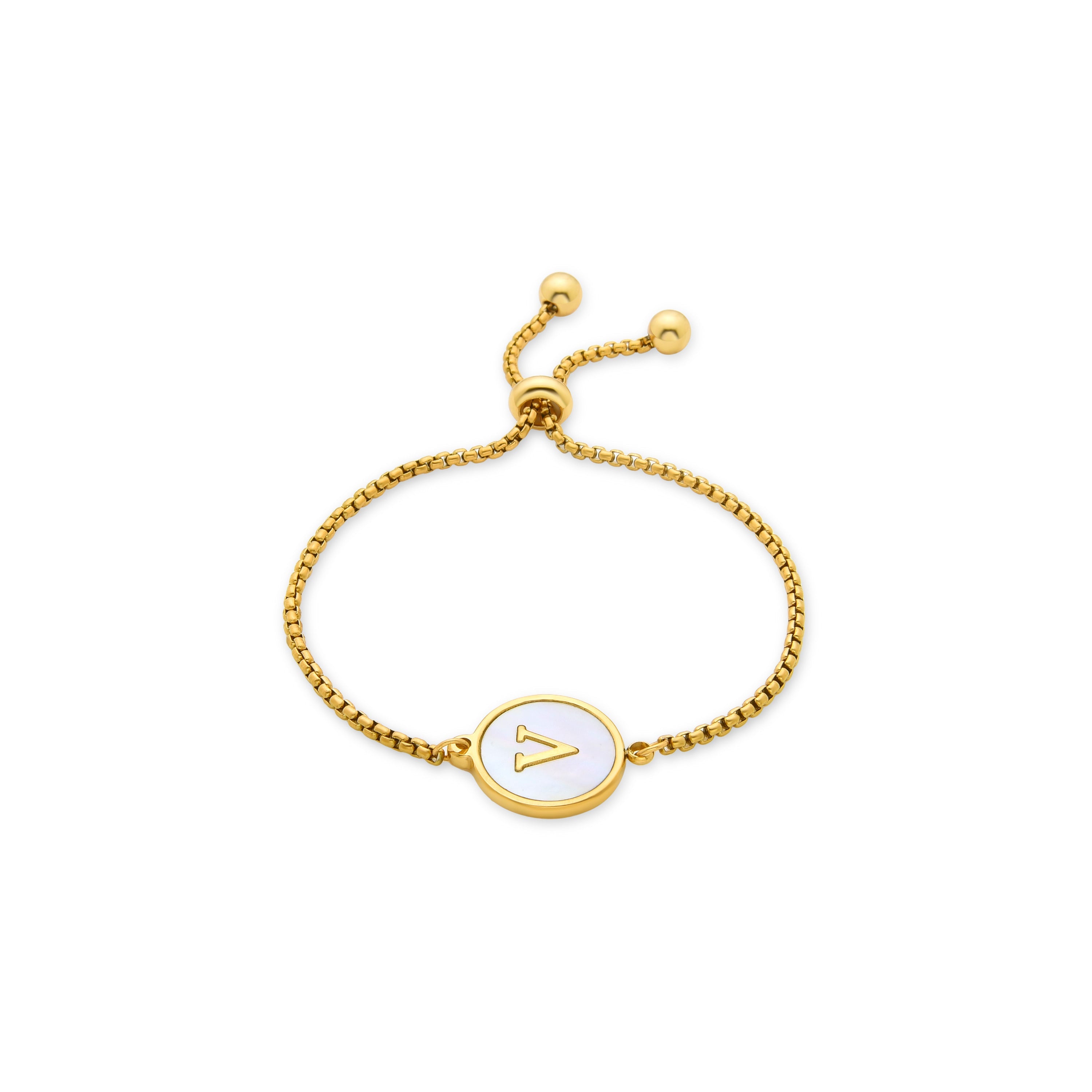 White Mother-of-Pearl Bracelet Finished in 18K Yellow Gold - Alphabet