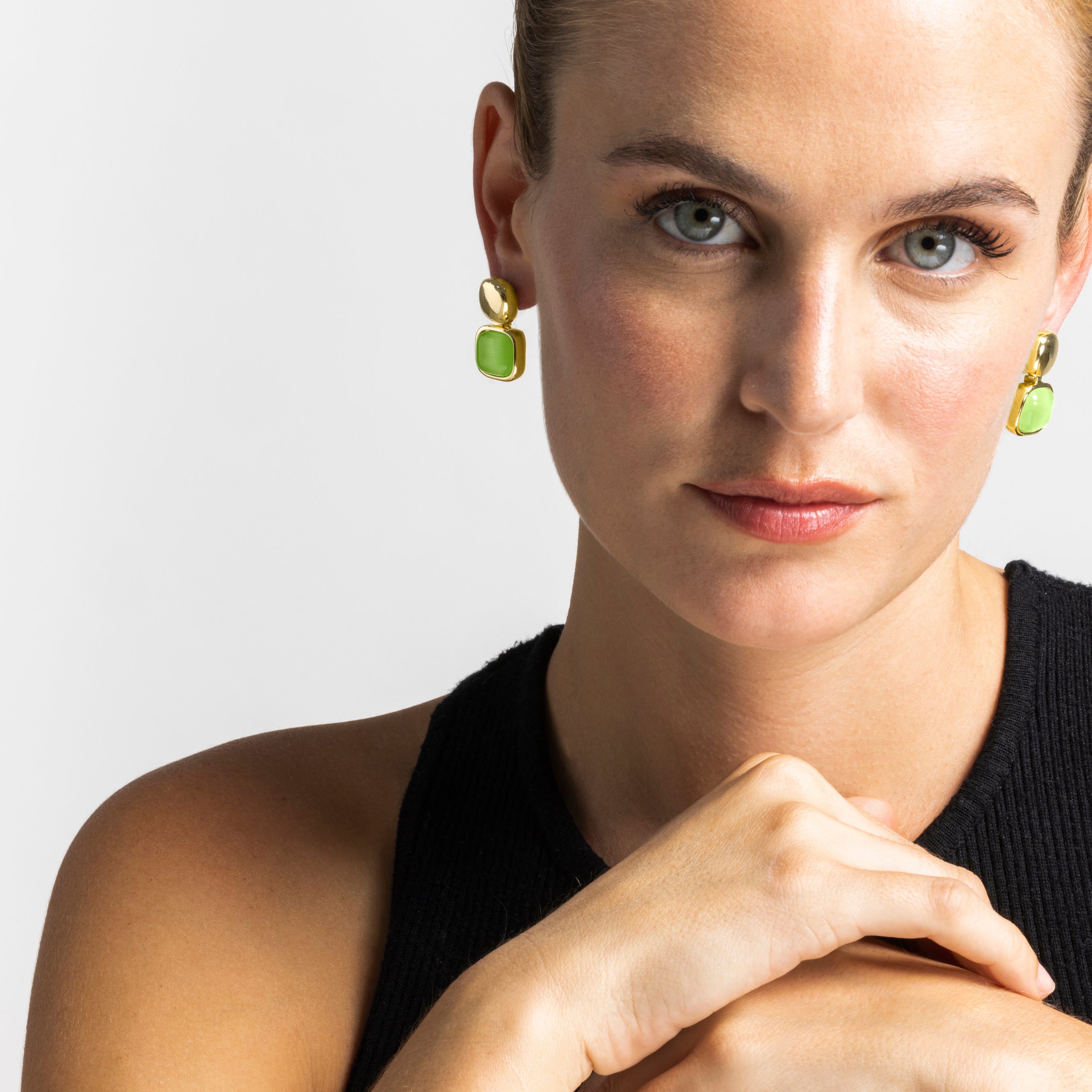 Green Cat's Eye Earrings, 18k Gold Finish - Laroi