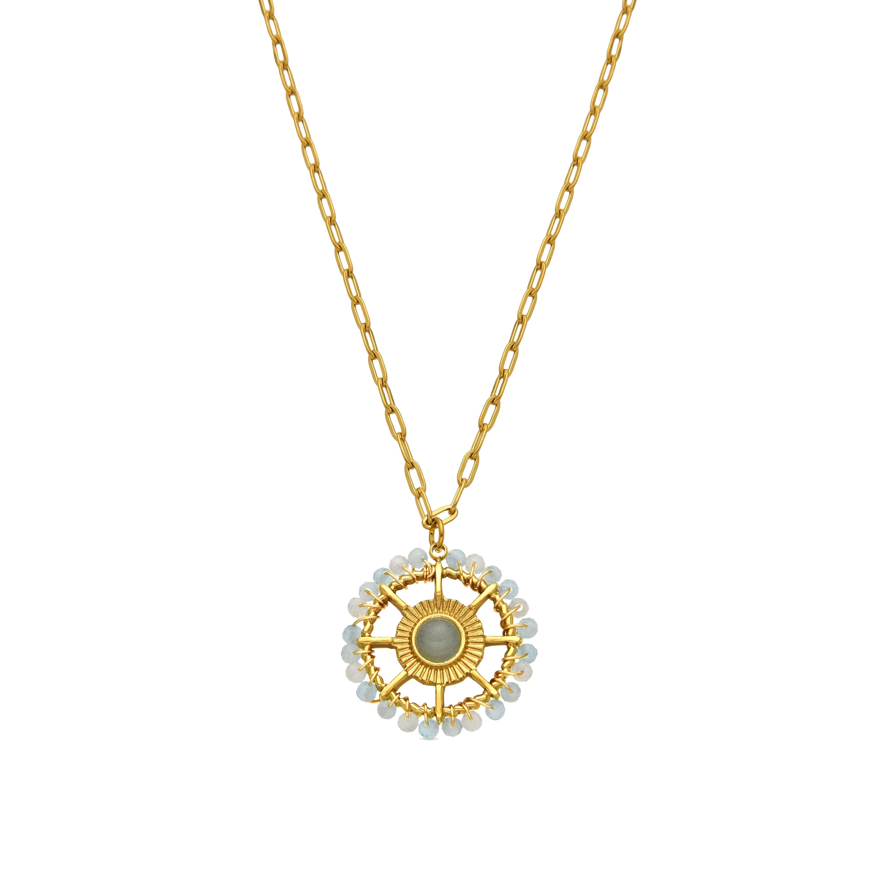 Necklace with Blue Crystal, 18k gold finish - Yakde