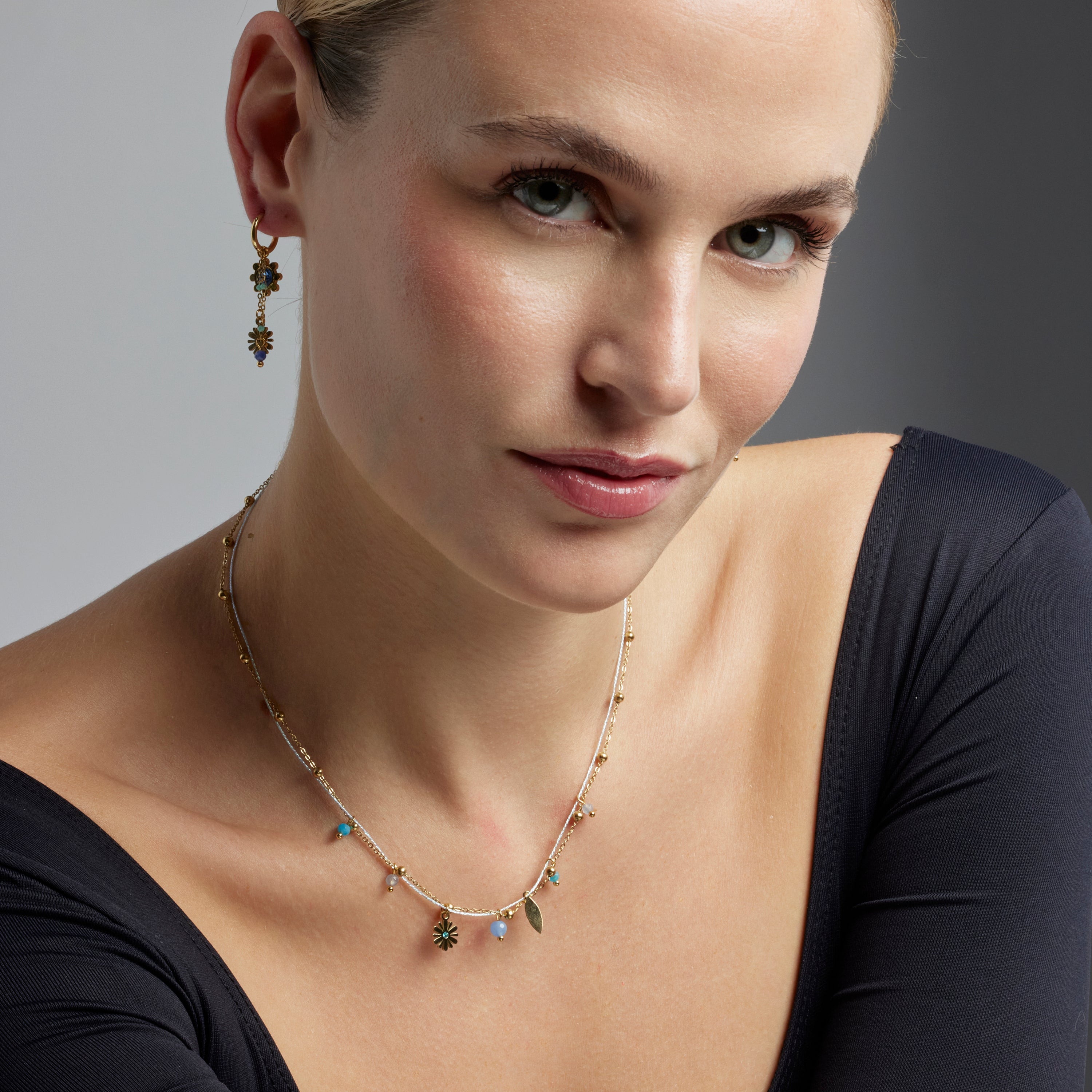 18k Gold Finish Blue Crystal Necklace - Thase
