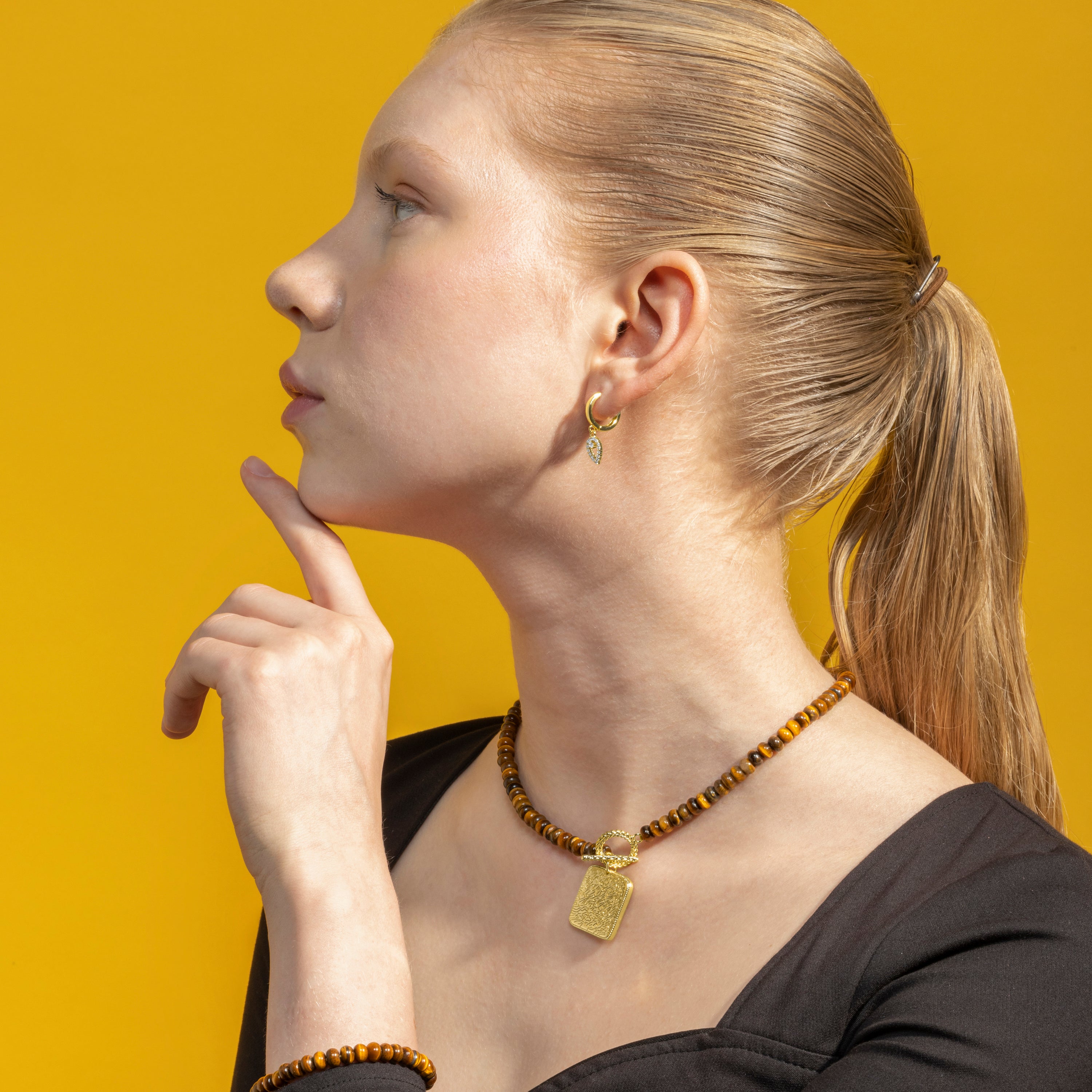 18k gold-finished Tiger's Eye necklace - Lessy