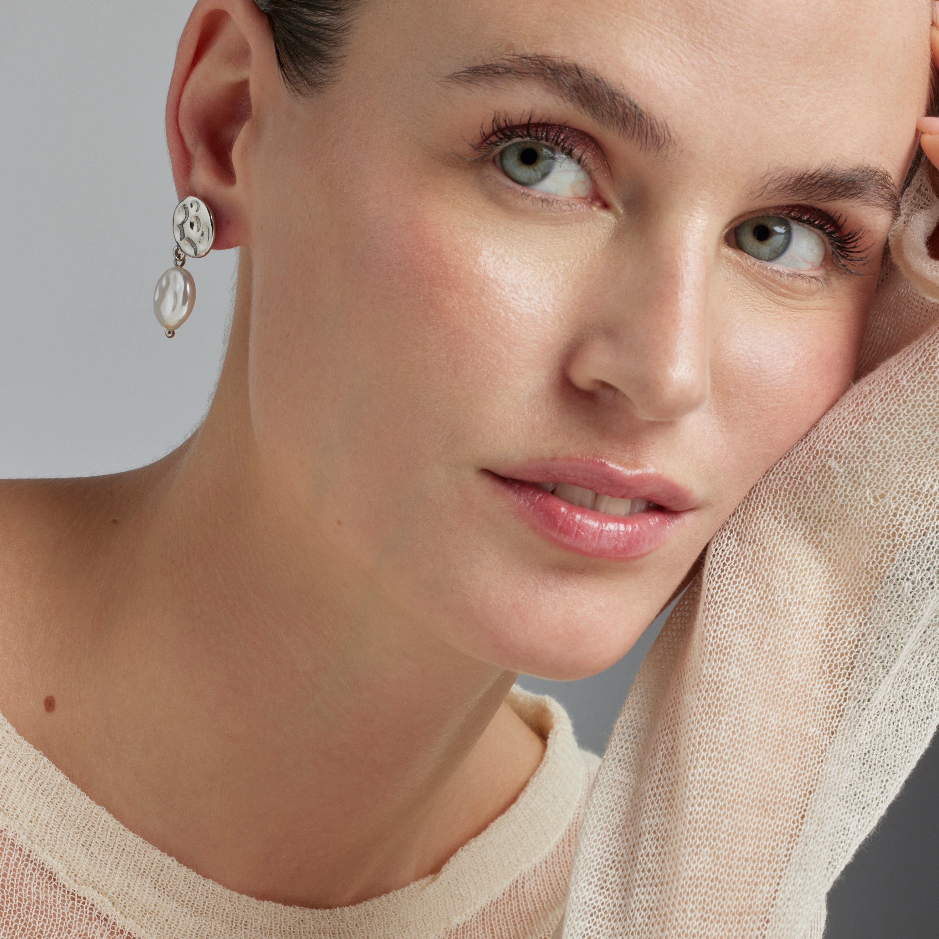 White Pearl Earrings with Rhodium Finish - Durdana