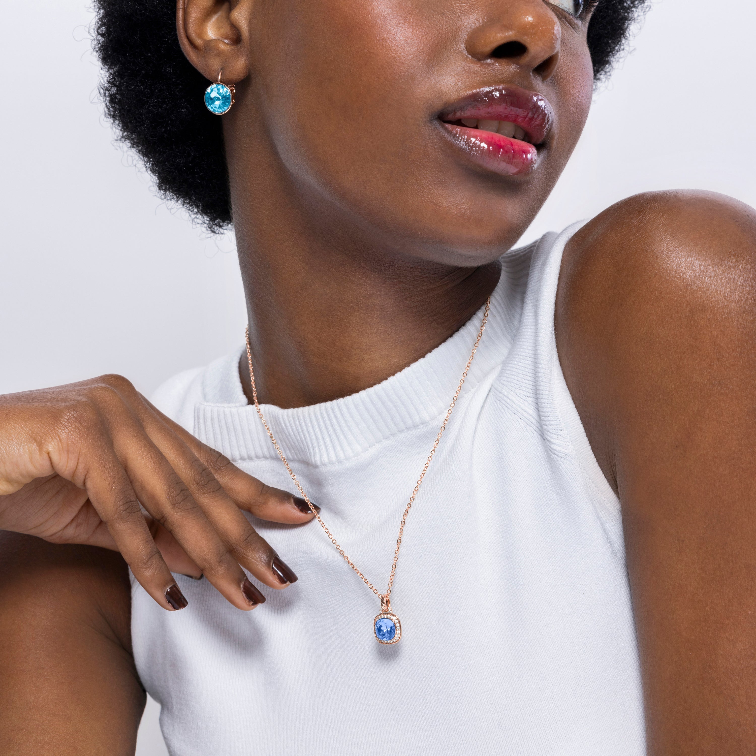 Blue Crystal Necklace with Rhodium Finish - Crosane