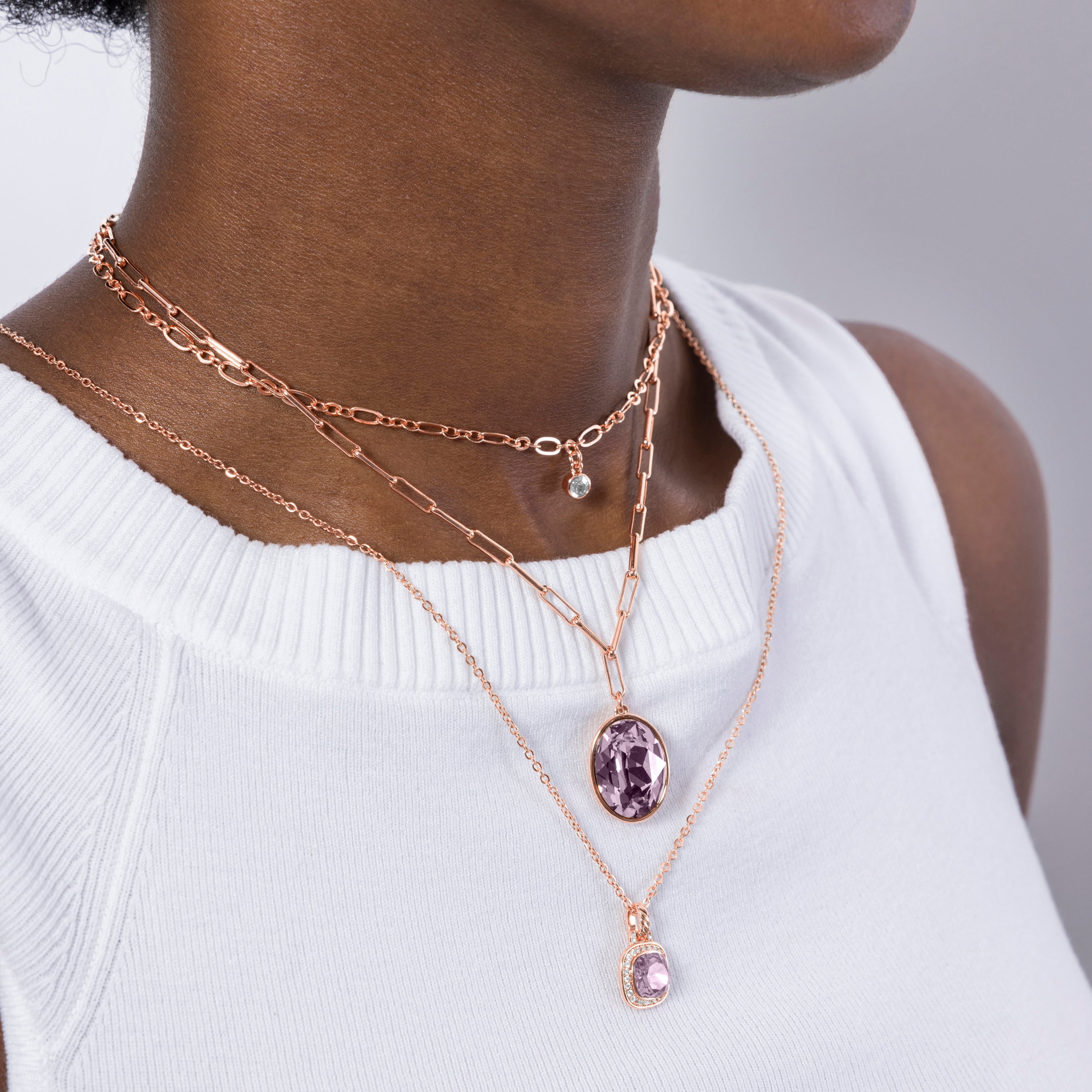 Pink Crystal Necklace with Rhodium Finish - Crosane