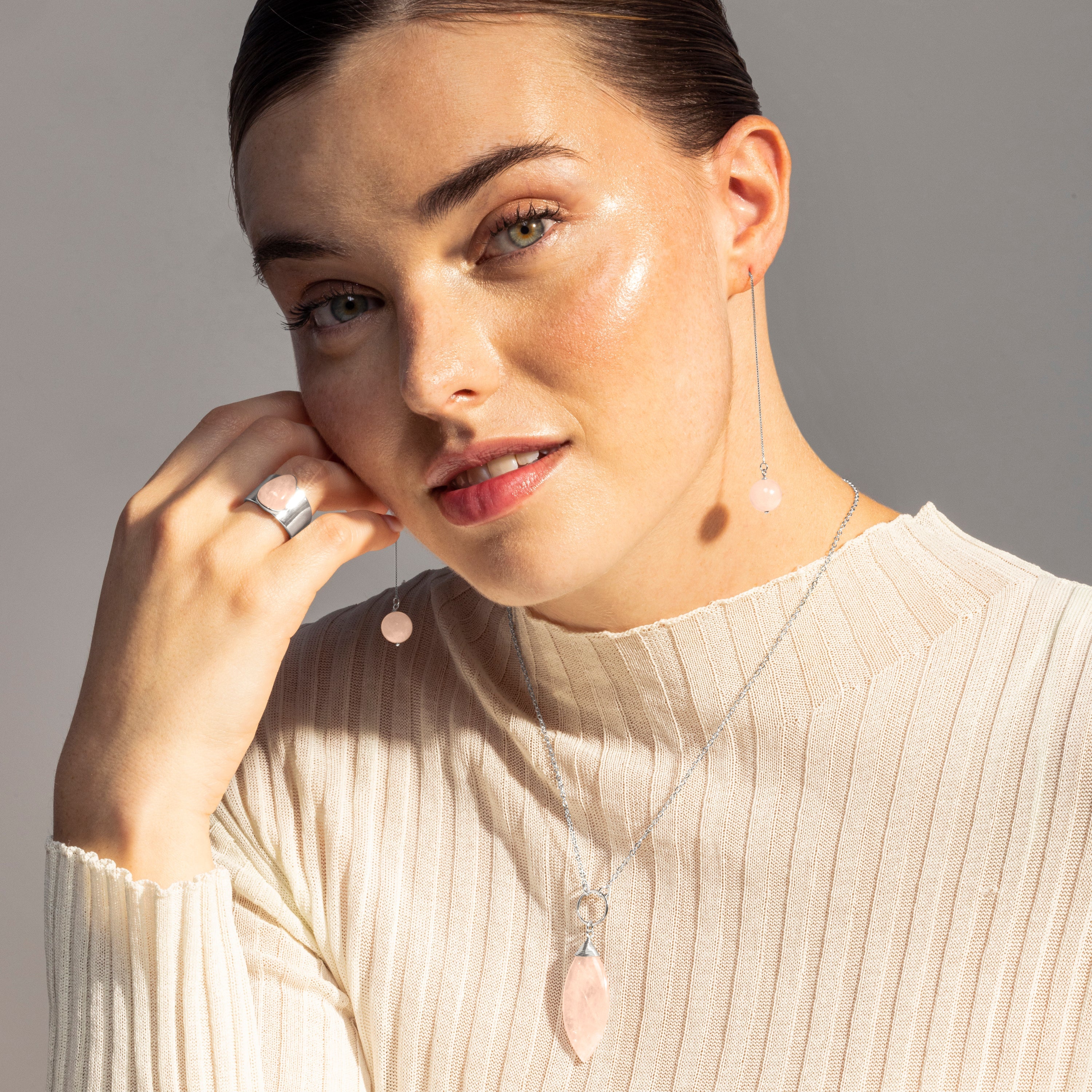 Rose Quartz Necklace with Rhodium Finish - Ayom