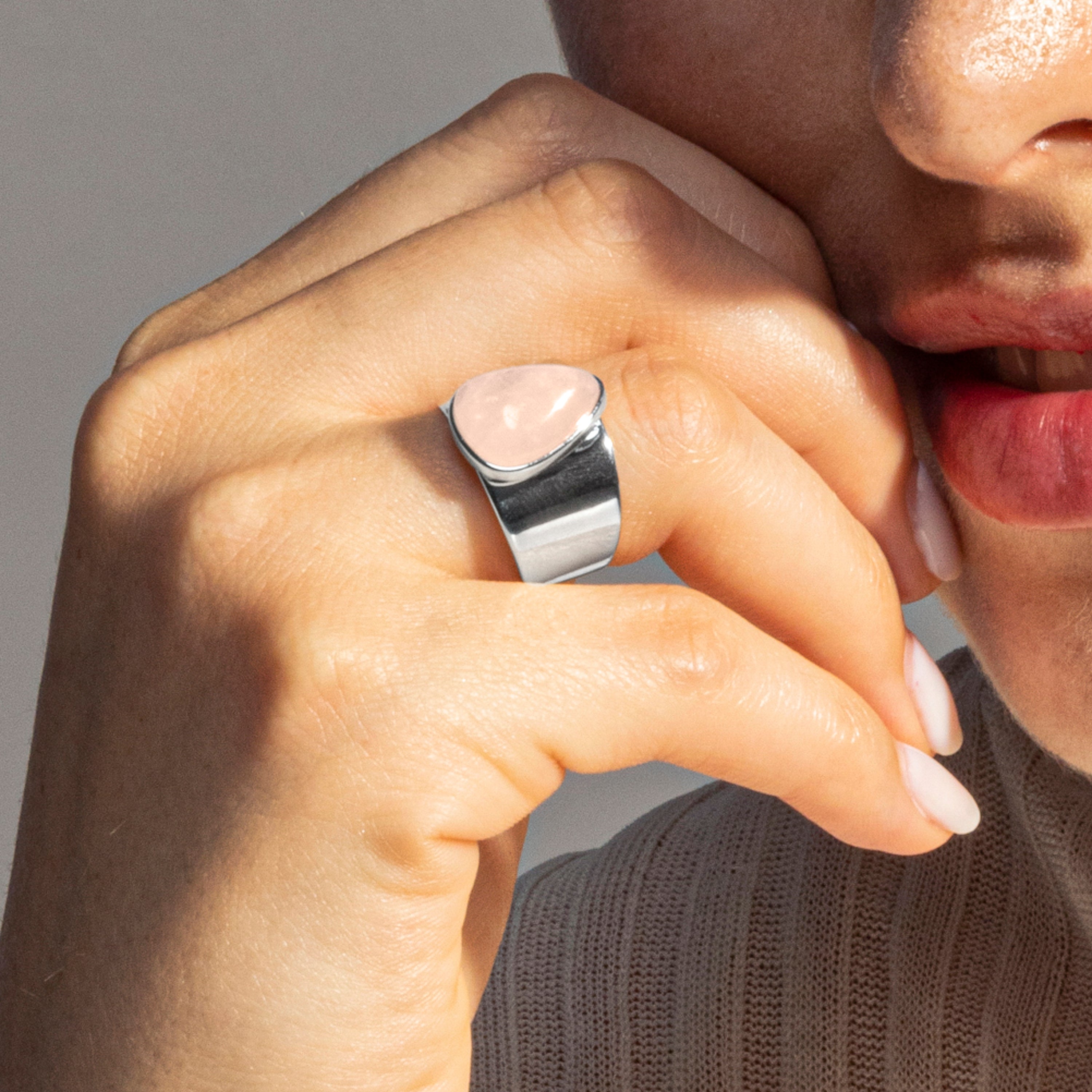 Rose Quartz Ring with Rhodium Finish - Sheak