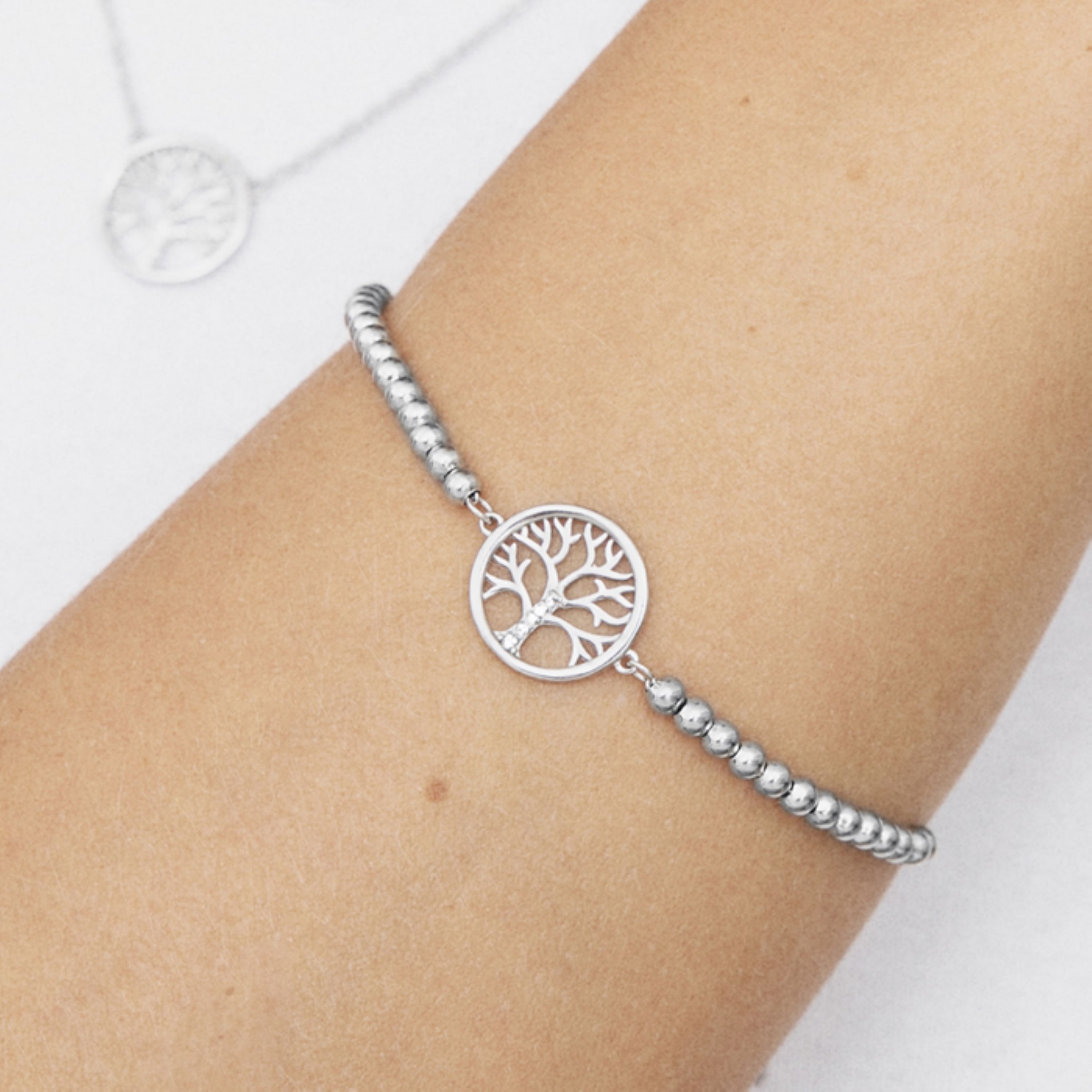 Pulseira de Prata de Lei 925 com Zircônia Brilhante com acabamento em ródio - Árvore da Vida