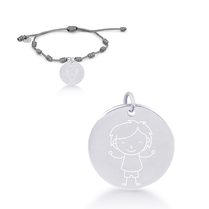 925 Sterling Silver Bracelet with Gray Cotton, Rhodium Finish - Mi Sol