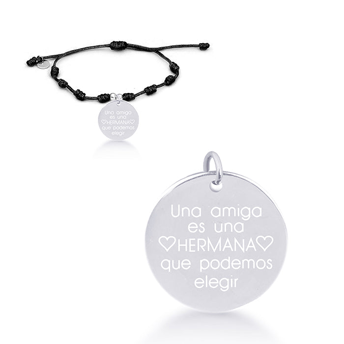 925 Sterling Silver Bracelet with Black Cotton, Rhodium Finish - My Sun
