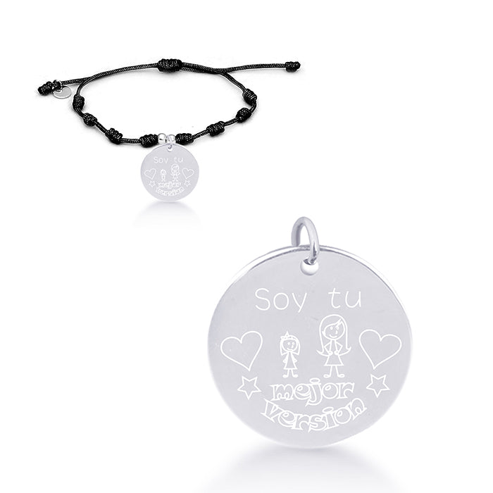 Pulseira de Prata de Lei 925 com Algodão Preto com acabamento em ródio - Mi Sol