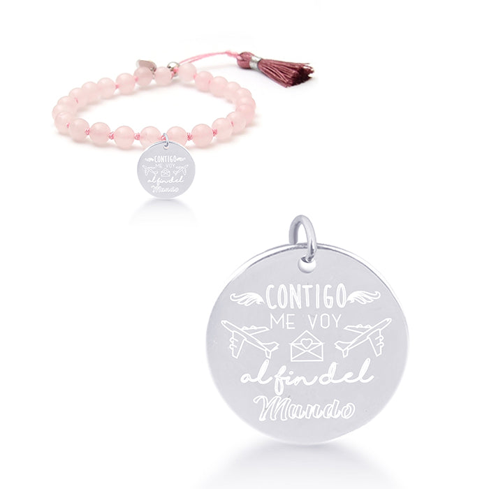 925 Sterling Silver Bracelet with Rose Quartz, Rhodium Finish - My Sun
