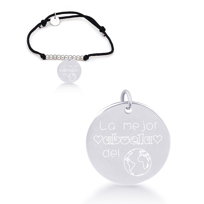 925 Sterling Silver Bracelet with Black Cotton, Rhodium Finish - My Sun