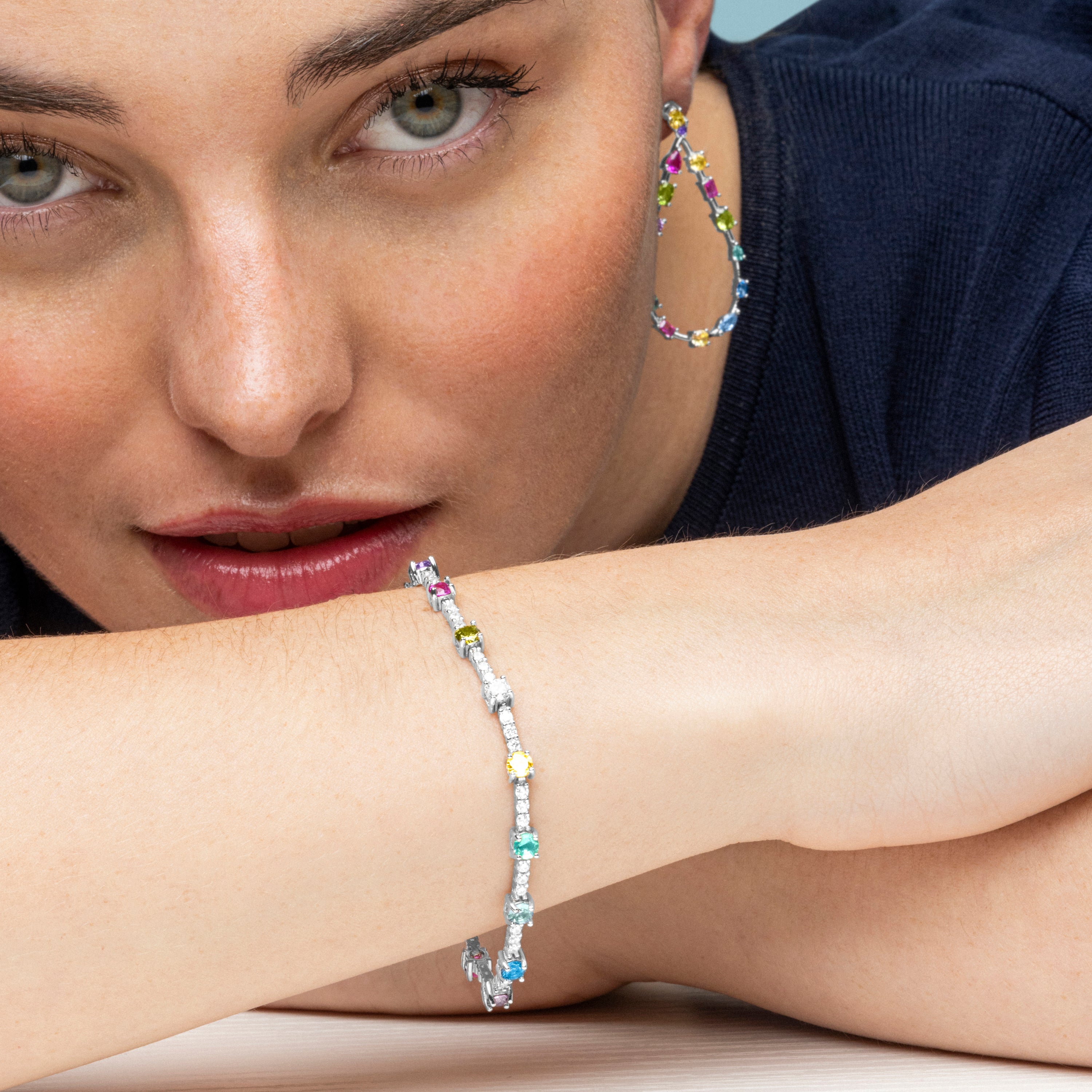 925 Sterling Silver and Multicolor Zirconia Bracelet with Rhodium Finish - Kirith
