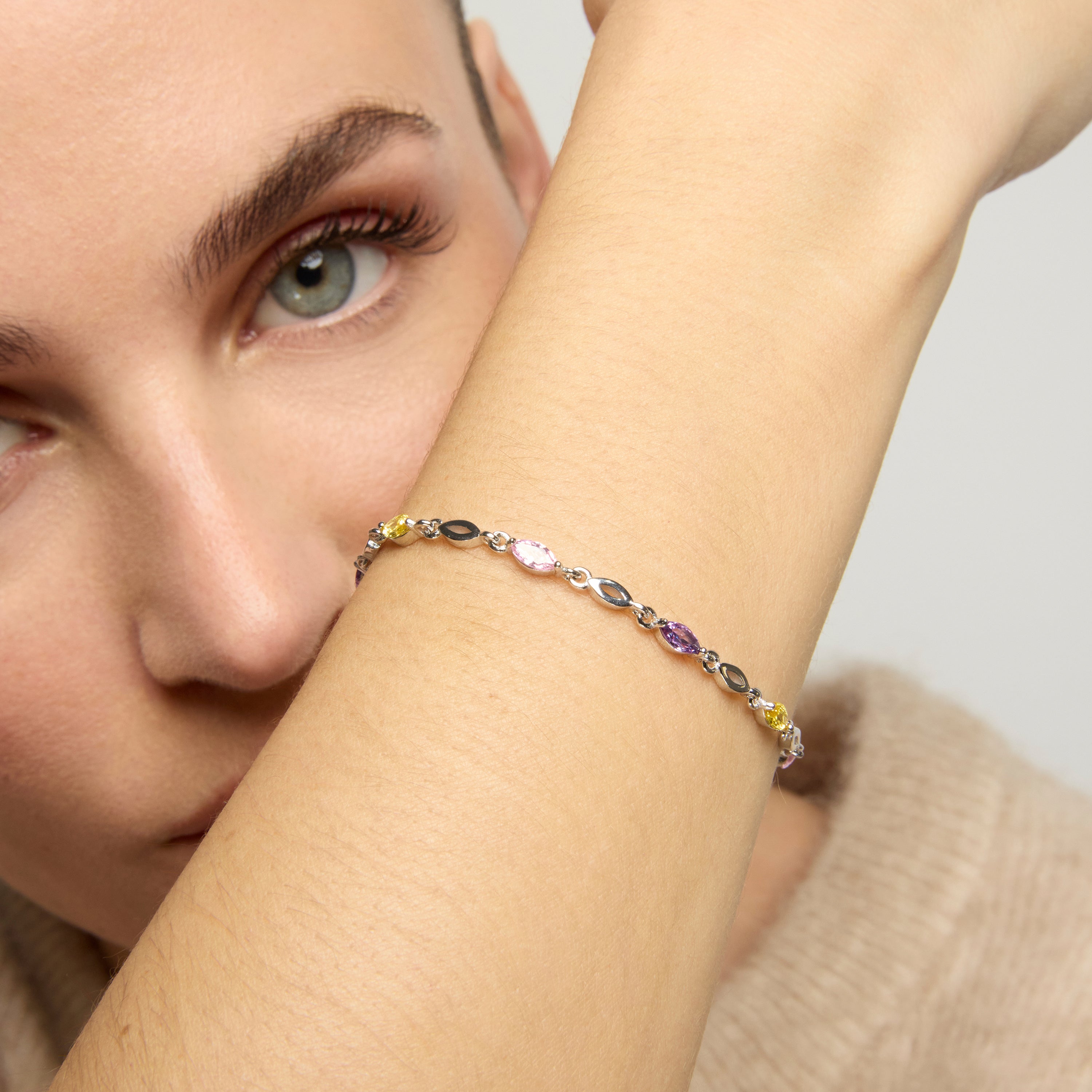 925 Sterling Silver and Multicolor Zirconia Bracelet, 18k Yellow Gold Finish - Imna